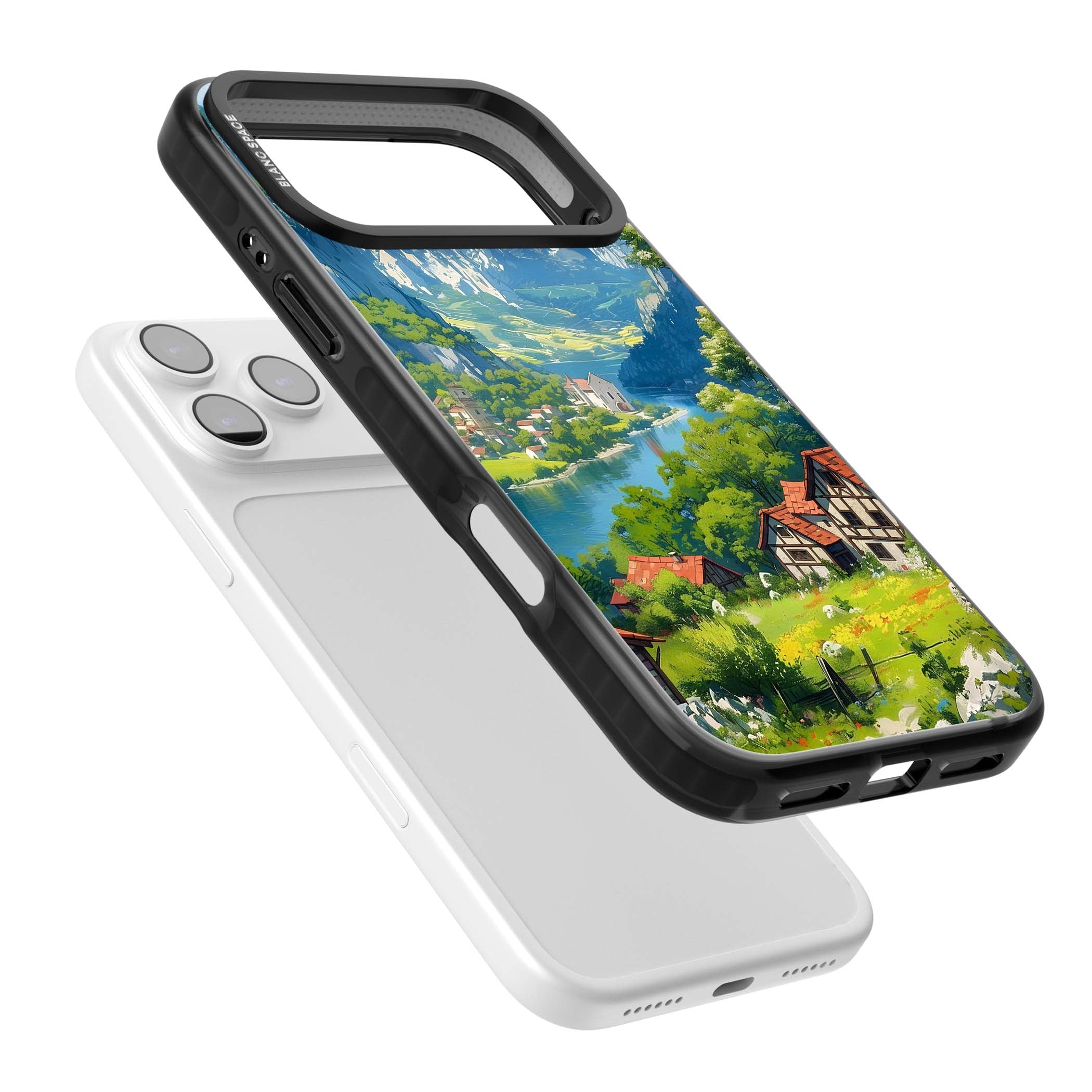 Village In The Valley anime iPhone case featuring a painted mountain village, river valley and half-timbered cottages. | Black Impact Magsafe case for iPhone 17 Pro, iPhone 17 Pro Max