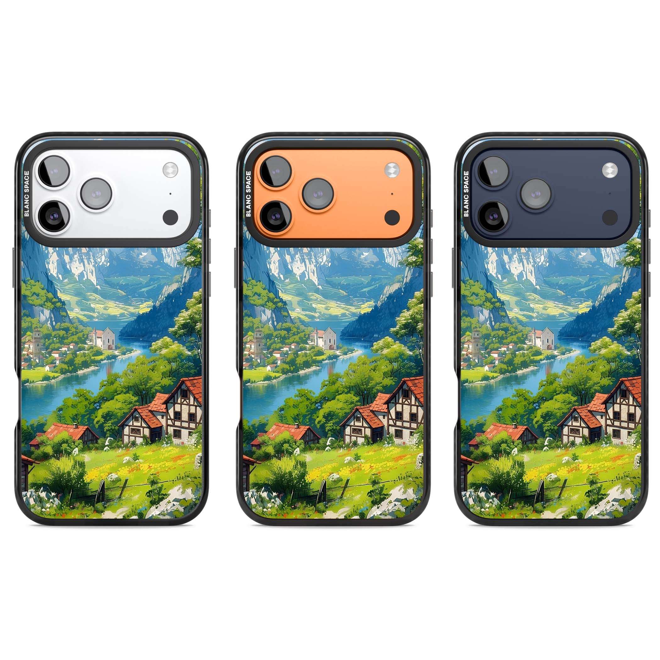 Village In The Valley anime iPhone case featuring a painted mountain village, river valley and half-timbered cottages. | Black Impact Magsafe case for iPhone 17 Pro, iPhone 17 Pro Max