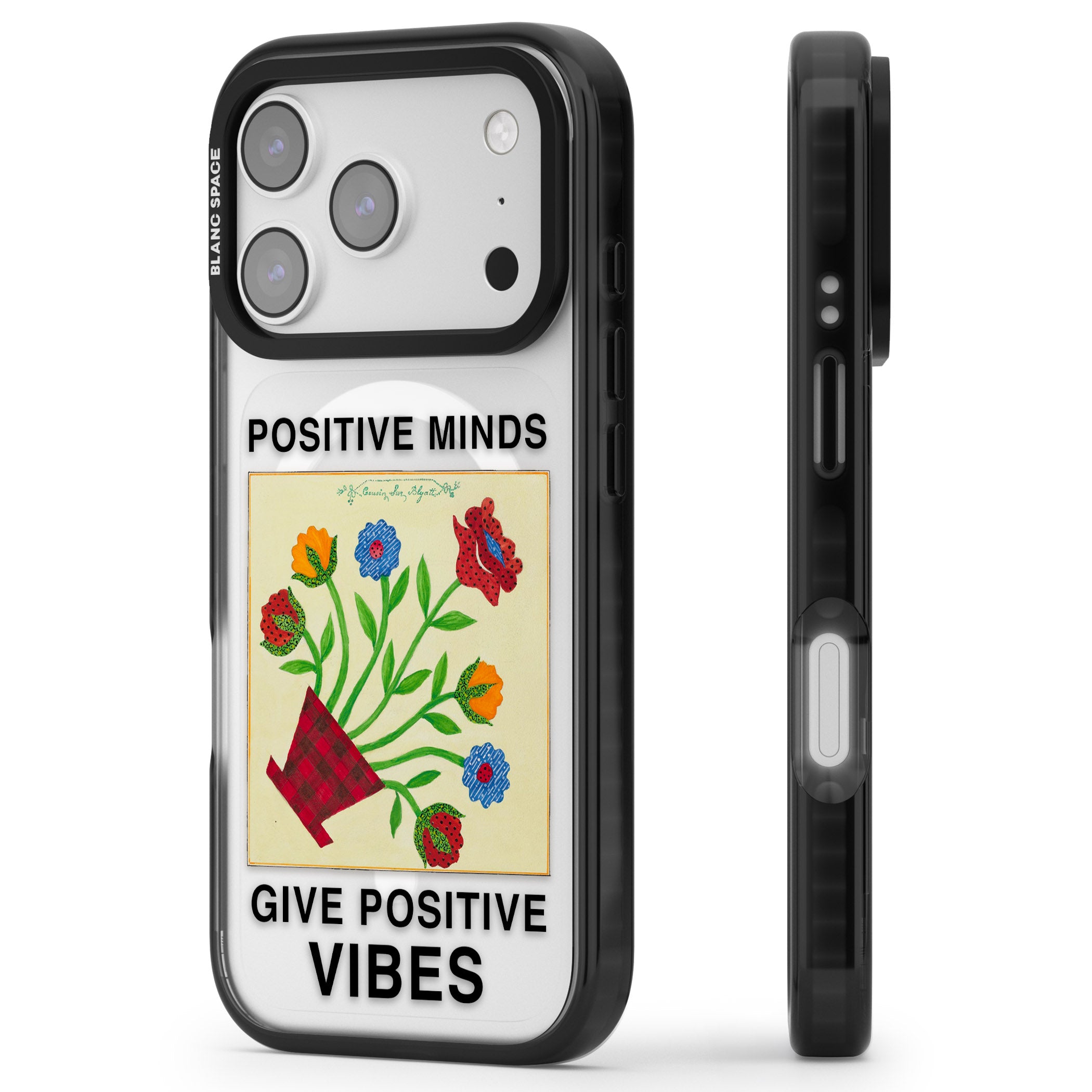 Positive Minds Give Positive Vibes iPhone 17 Pro Max Impact Pro Black Phone Case Side Profile
