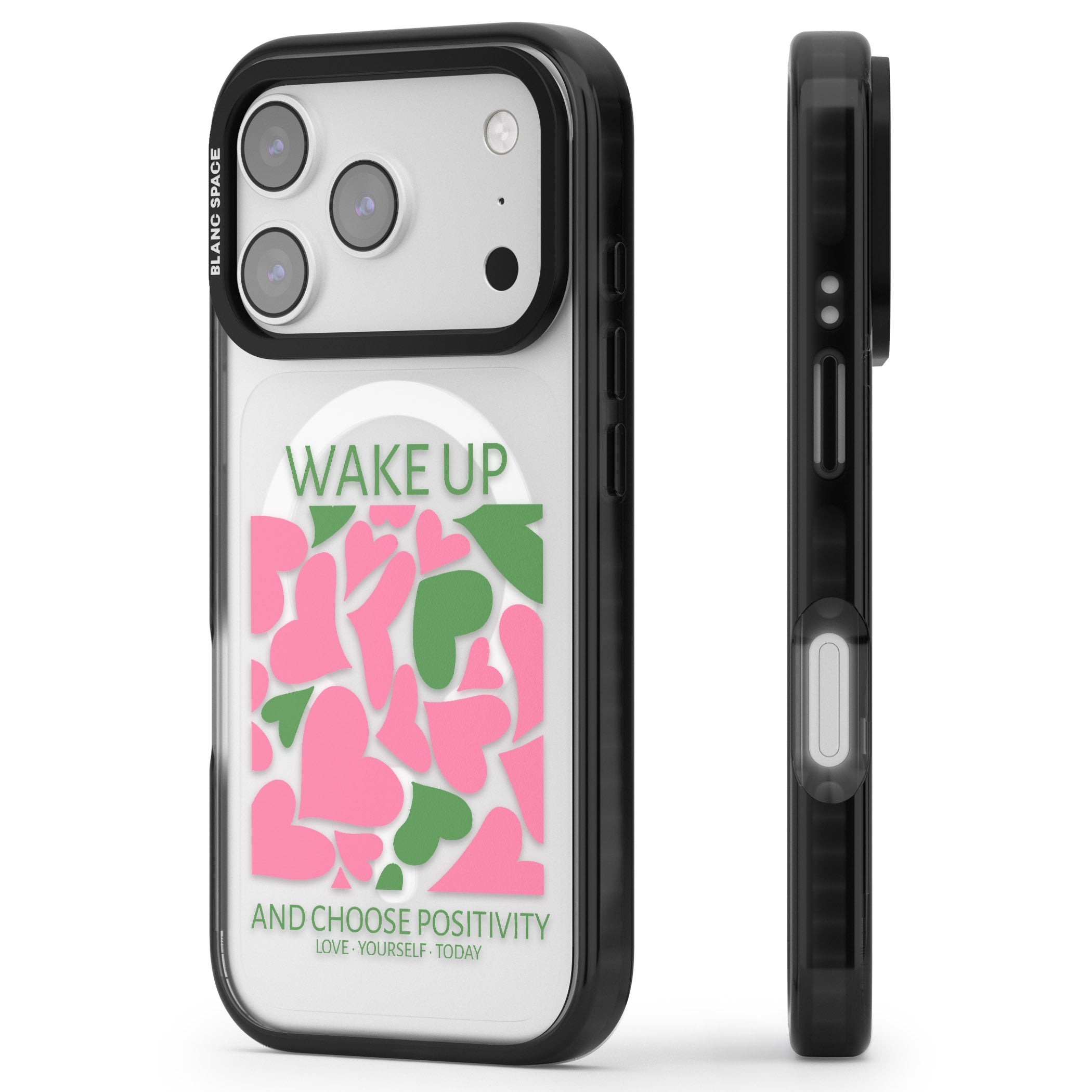 Wake Up And Choose Positivity iPhone 17 Pro Impact Pro Black Phone Case Side Profile