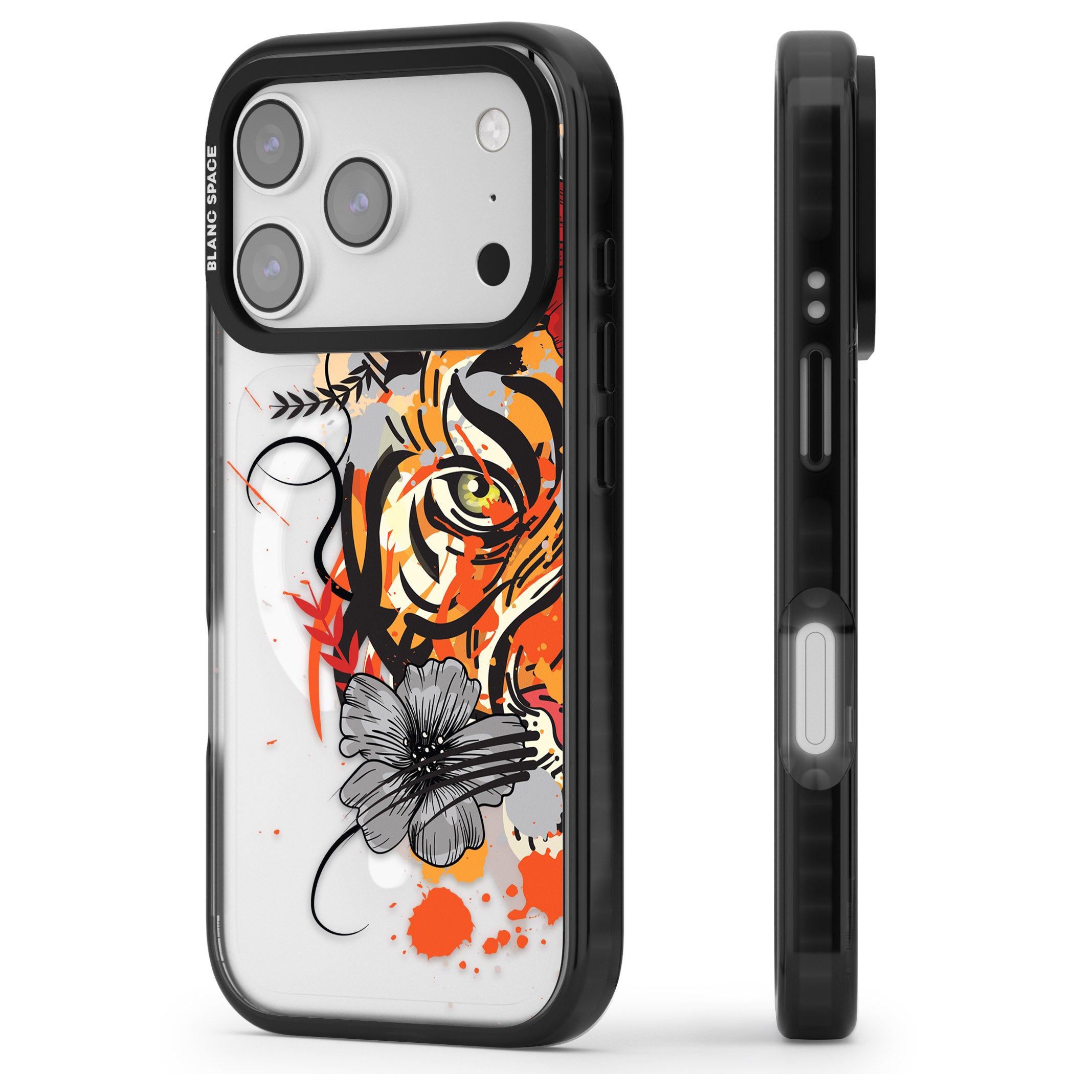 Sugar Skull Tiger iPhone 17 Pro Impact Pro Black Phone Case Side Profile