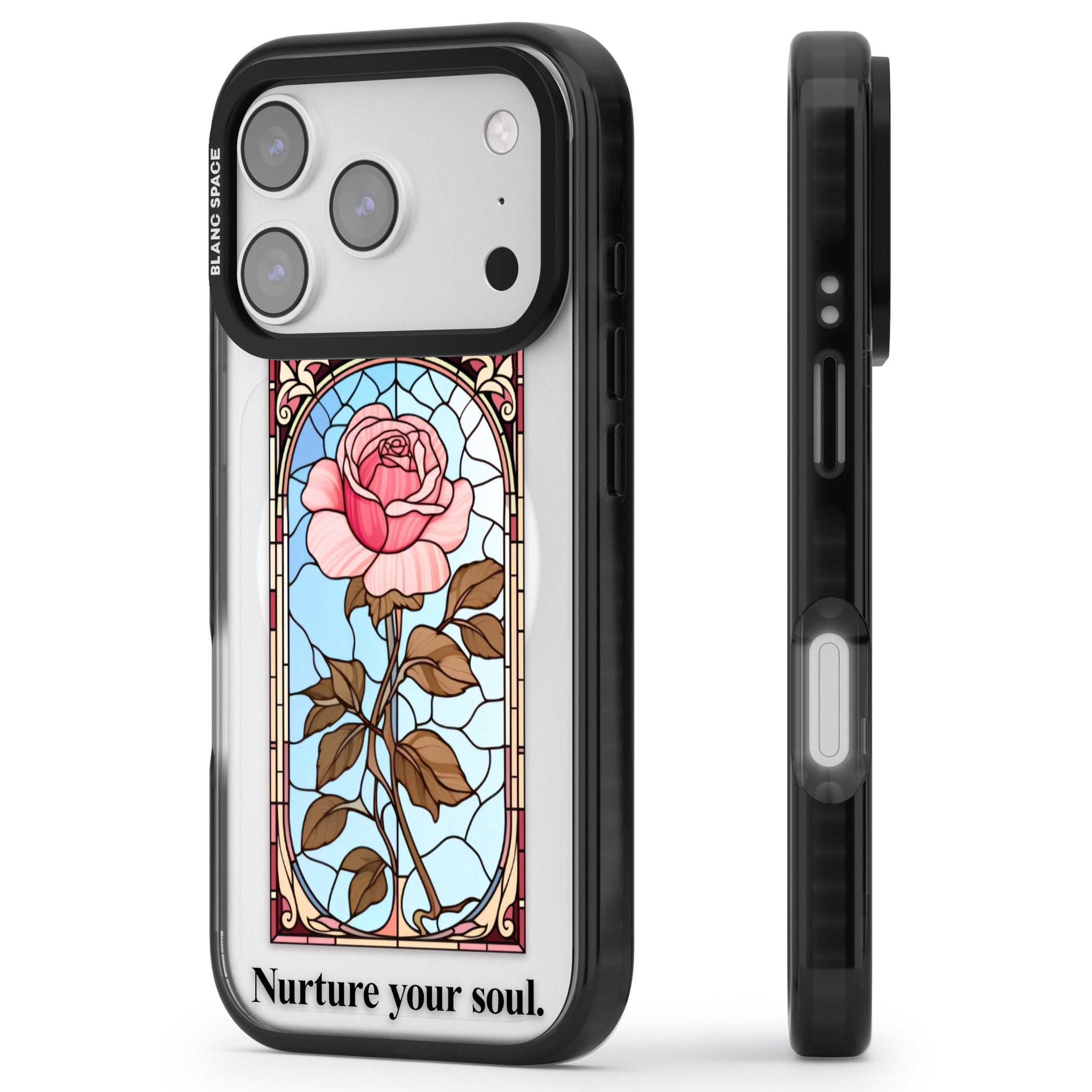 Nurture Your Soul iPhone 17 Pro Impact Pro Black Phone Case Side Profile