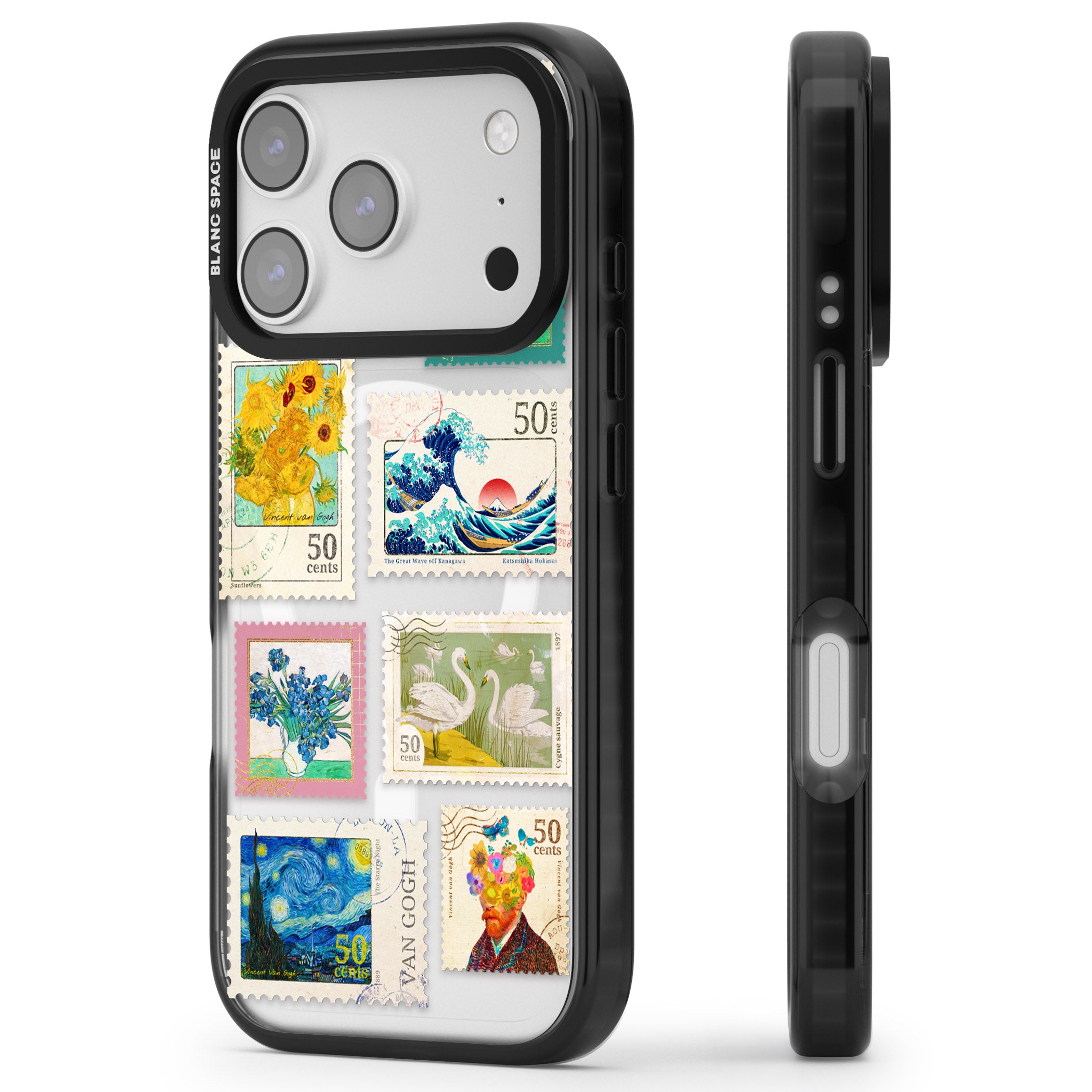 Vintage Art Stamps iPhone 17 Pro Impact Pro Black Phone Case Side Profile