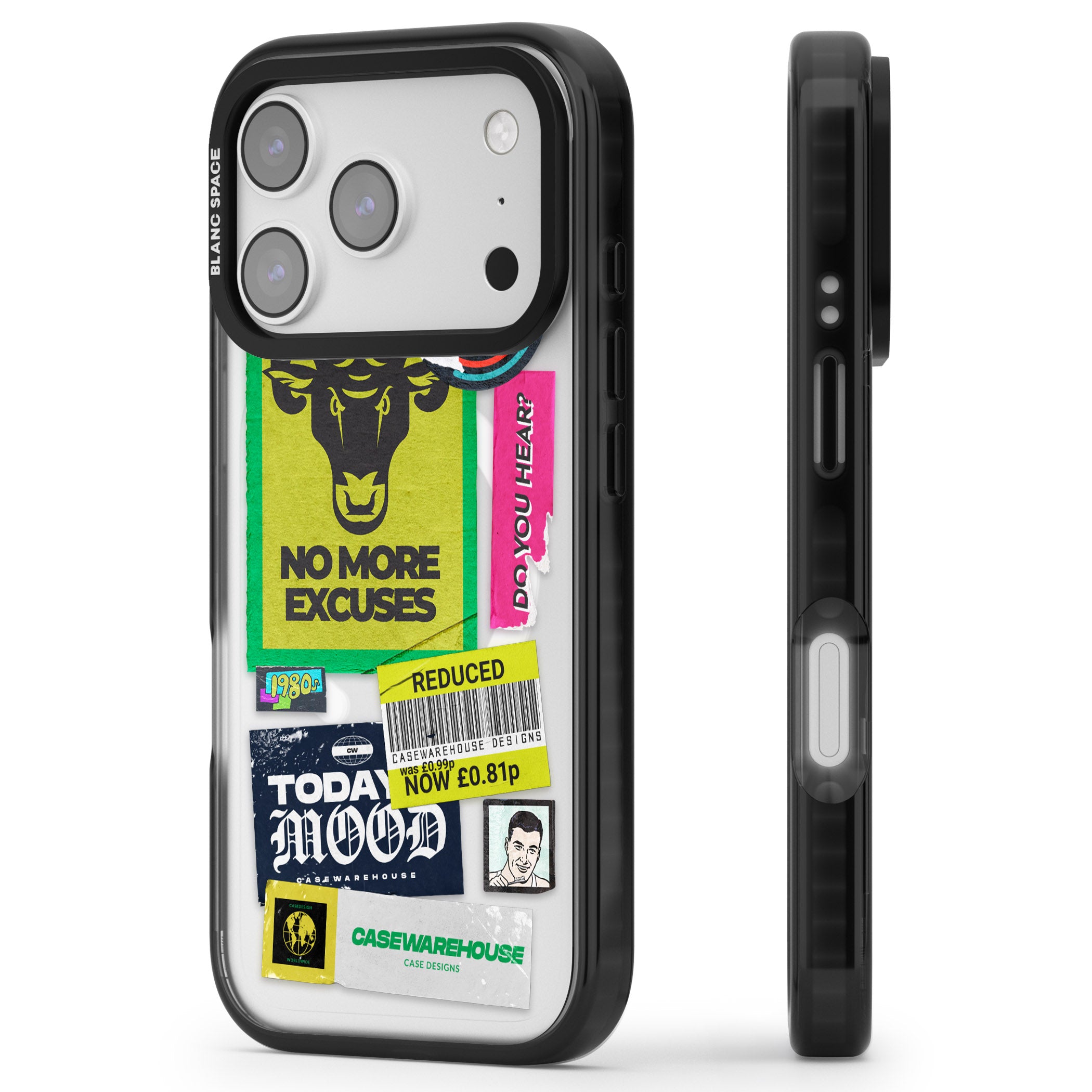 No More Excuses Sticker Mix iPhone 17 Pro Impact Pro Black Phone Case Side Profile