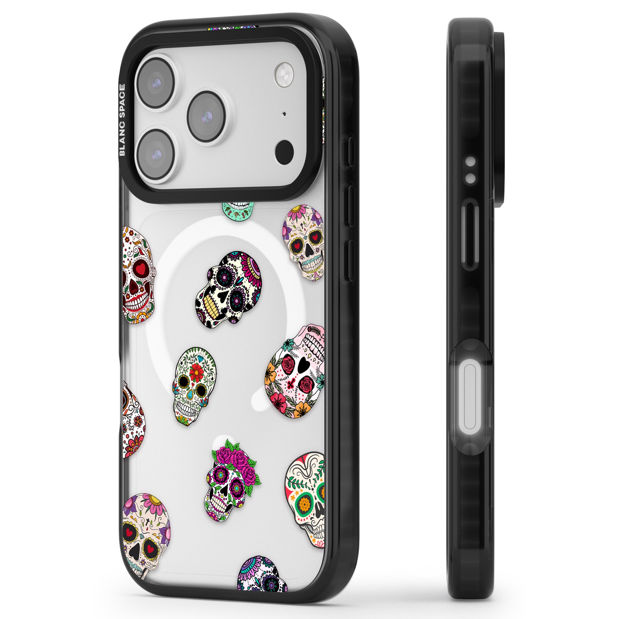Mixed Sugar Skull Pattern iPhone 17 Pro Max Impact Pro Black Phone Case Side Profile