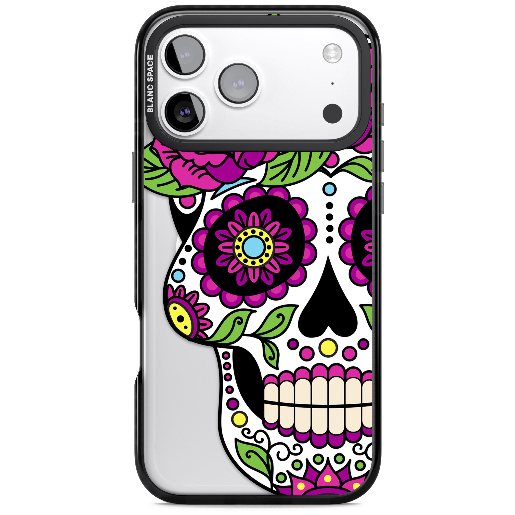 Purple Floral Sugar Skull iPhone 17 Pro Impact Pro Black Phone Case