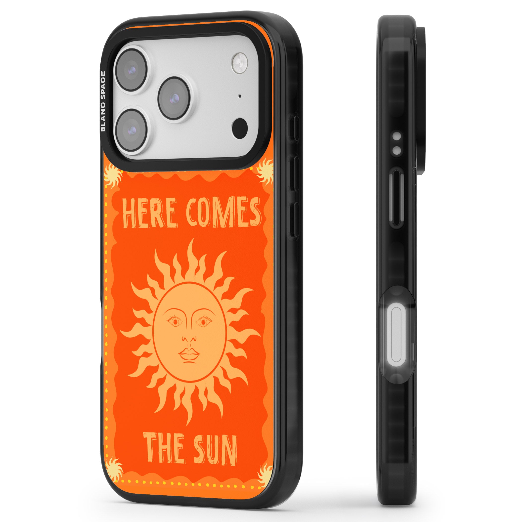 Retro Here Comes The Sun iPhone 17 Pro Impact Pro Black Phone Case Side Profile