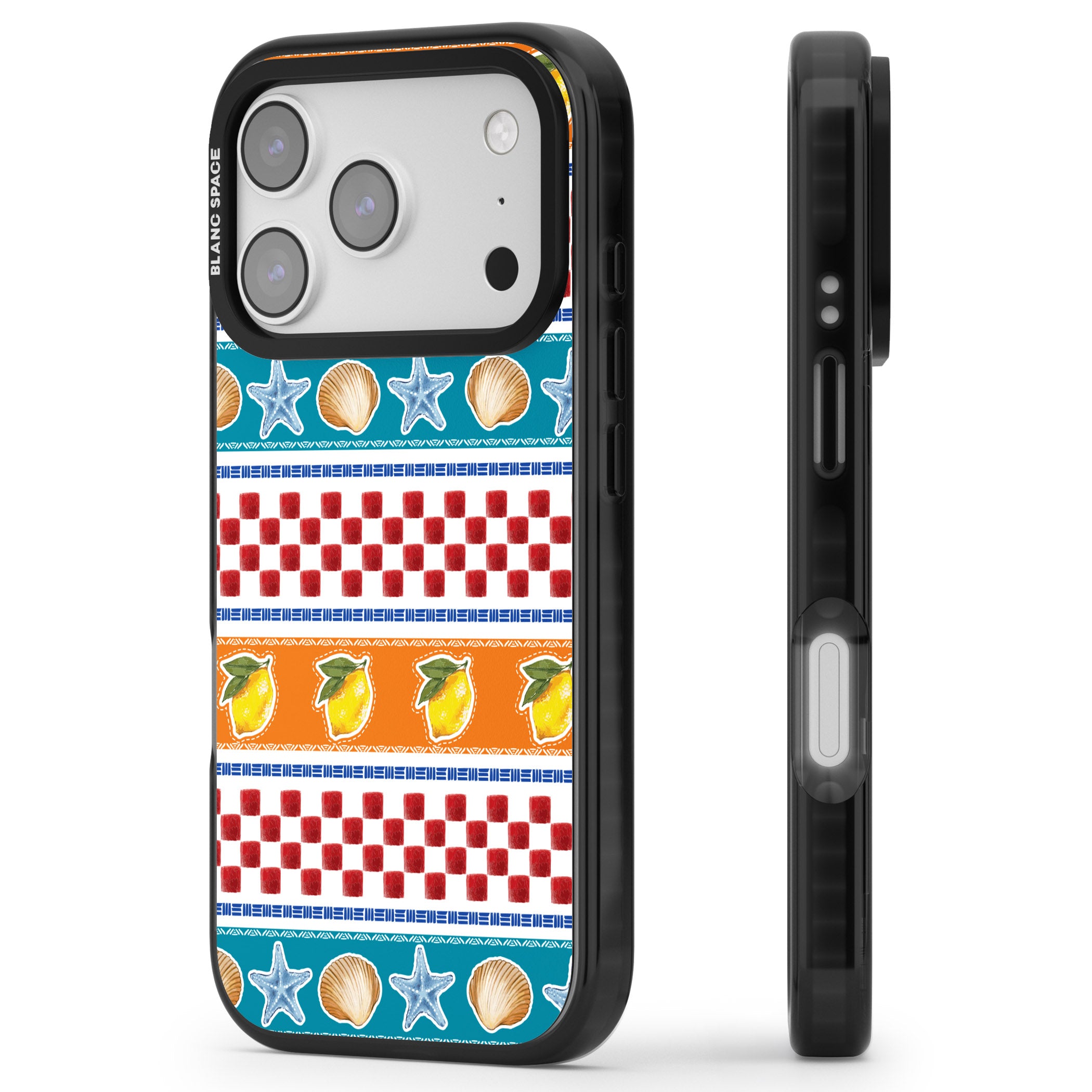 Coastal Italian Check Pattern iPhone 17 Pro Impact Pro Black Phone Case Side Profile