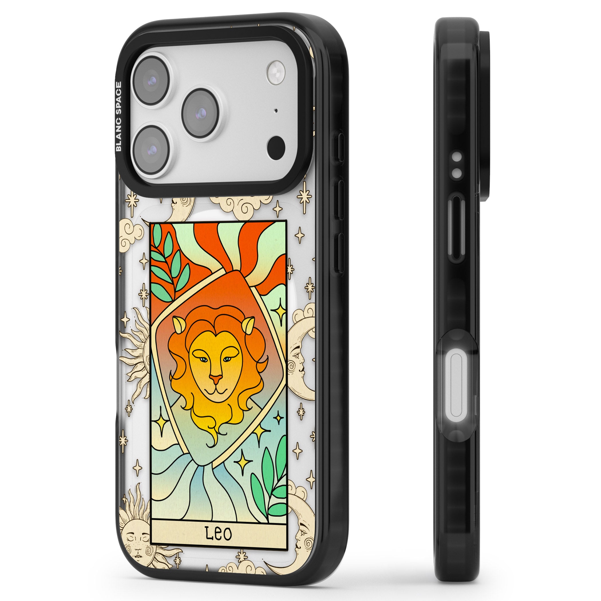 Celestial Zodiac Leo iPhone 17 Pro Impact Pro Black Phone Case Side Profile