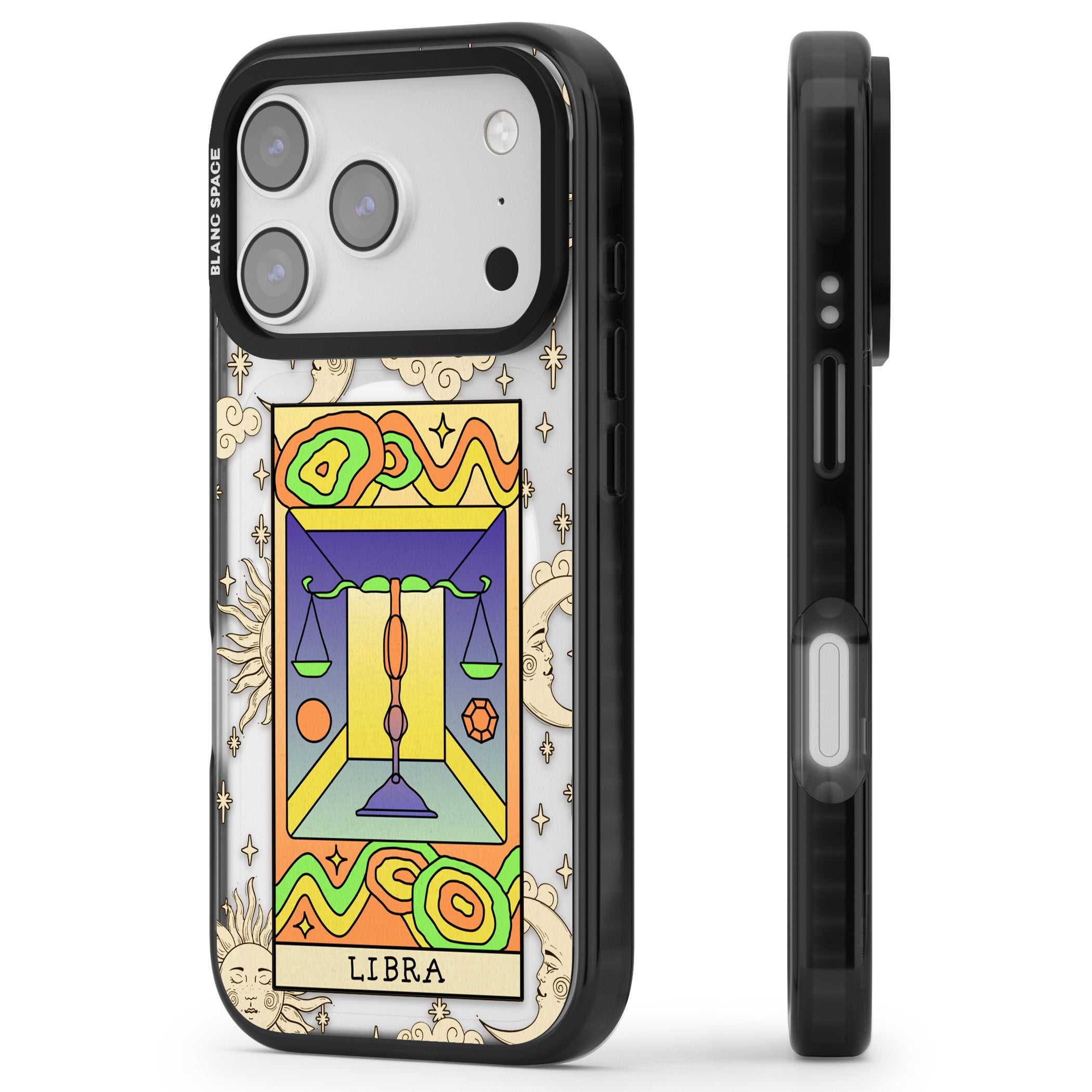 Celestial Zodiac Libra iPhone 17 Pro Impact Pro Black Phone Case Side Profile