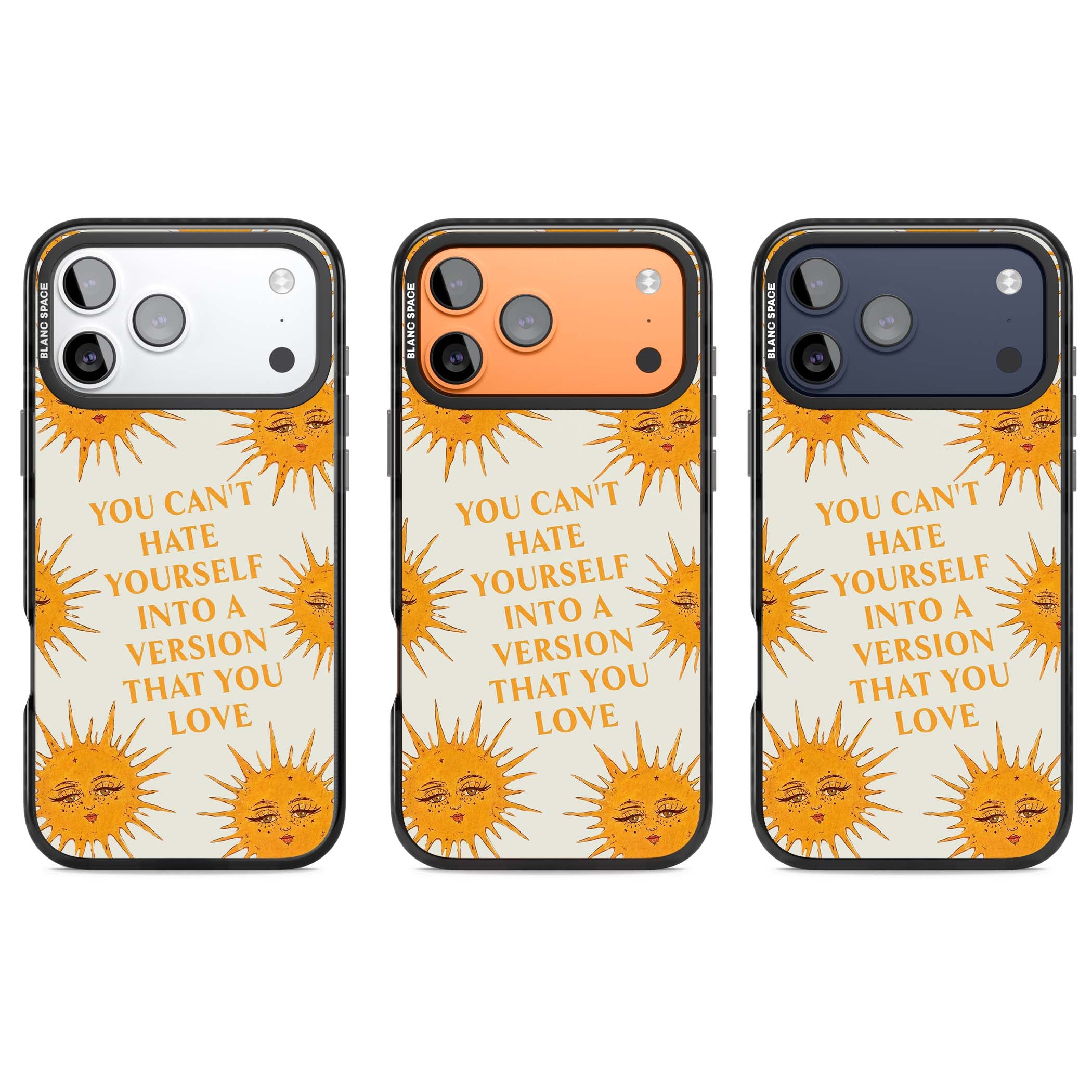 Don't Hate Yourself celestial iPhone case featuring vintage sun faces, ochre rays and a self-love quote | Black Impact Magsafe case for iPhone 17 Pro, iPhone 17 Pro Max