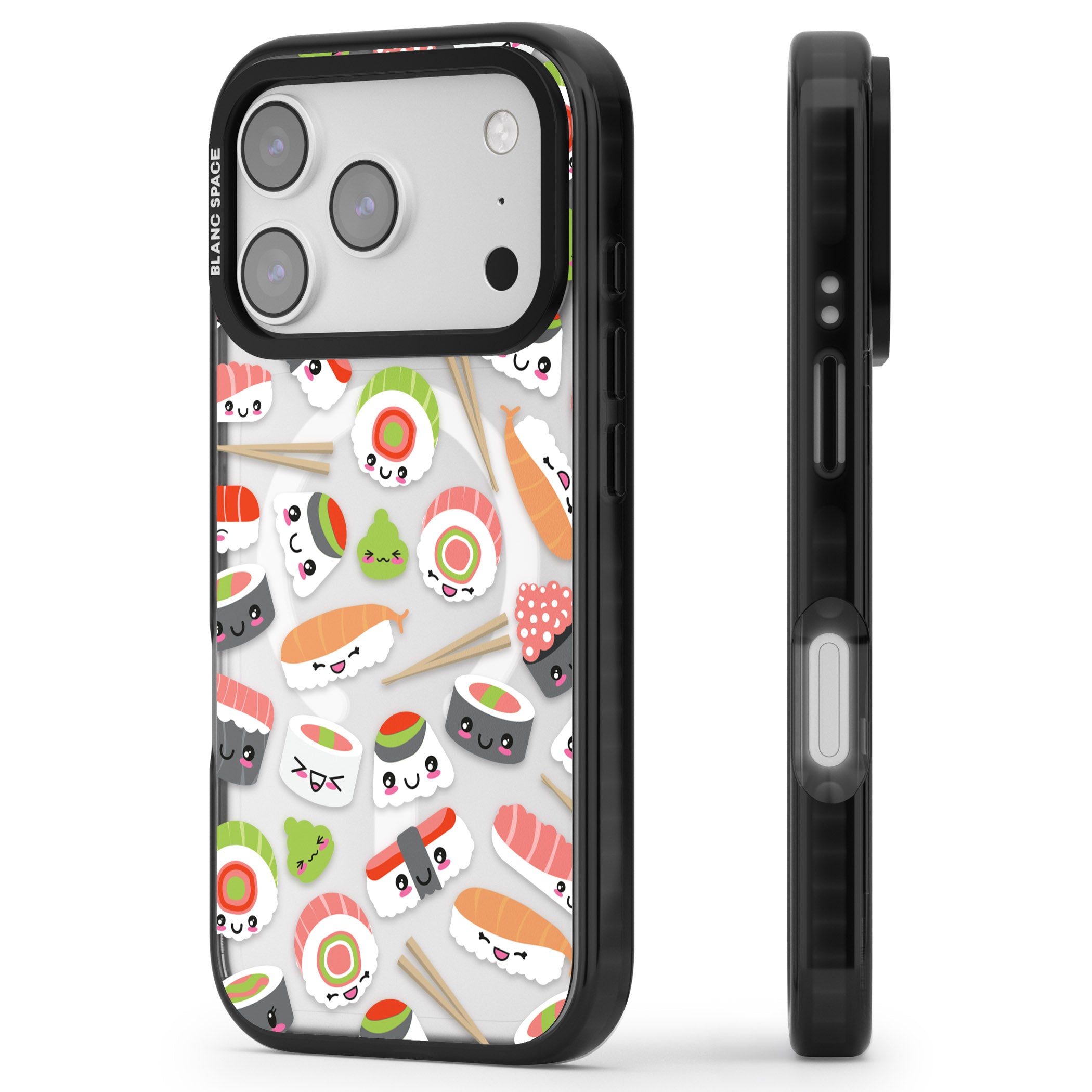 Kawaii Sushi Party iPhone 17 Pro Impact Pro Black Phone Case Side Profile