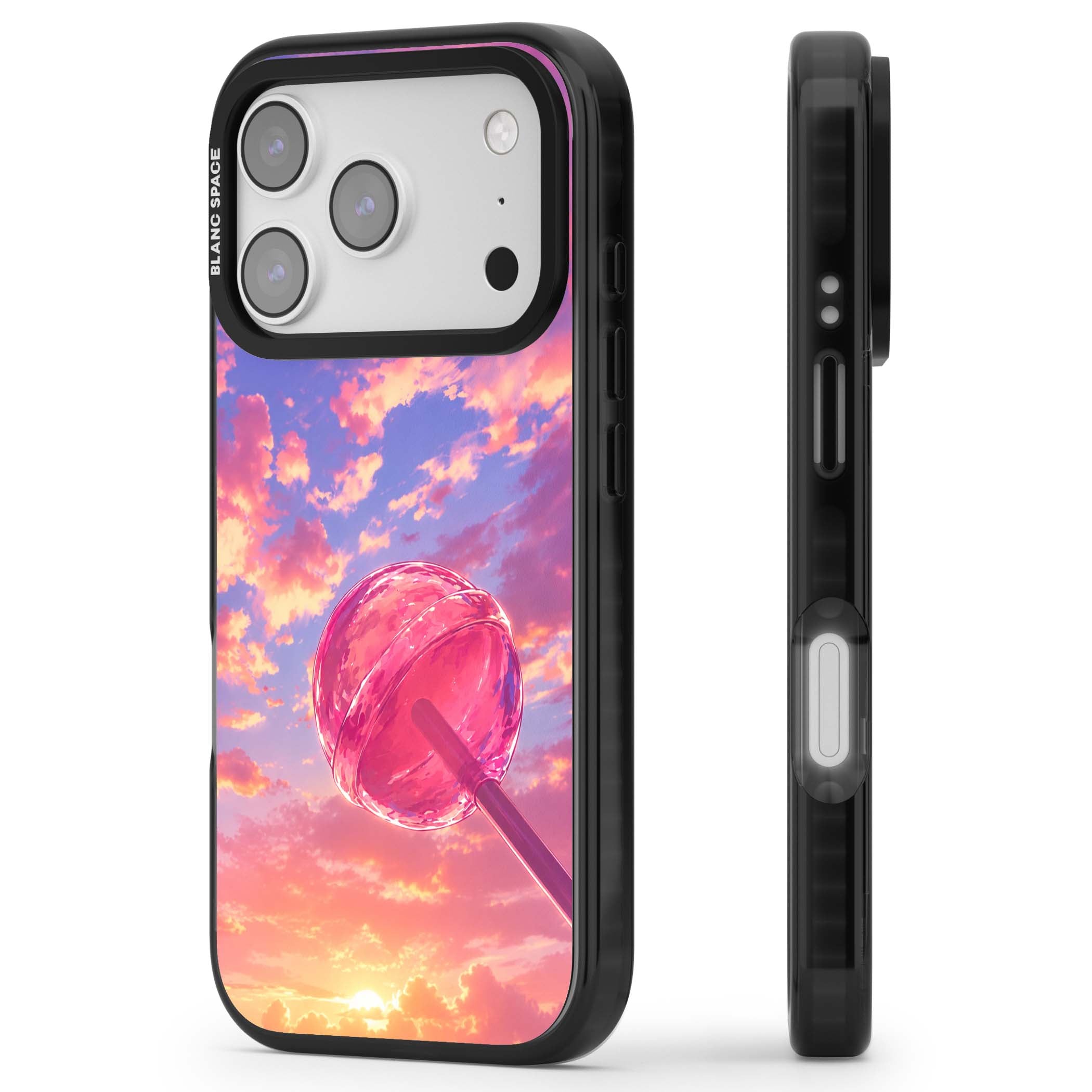 Sugar Sunset candy aesthetic iPhone case featuring a pink lollipop, pastel sunset sky and dreamy clouds | Black Impact Magsafe case for iPhone 17 Pro, iPhone 17 Pro Max