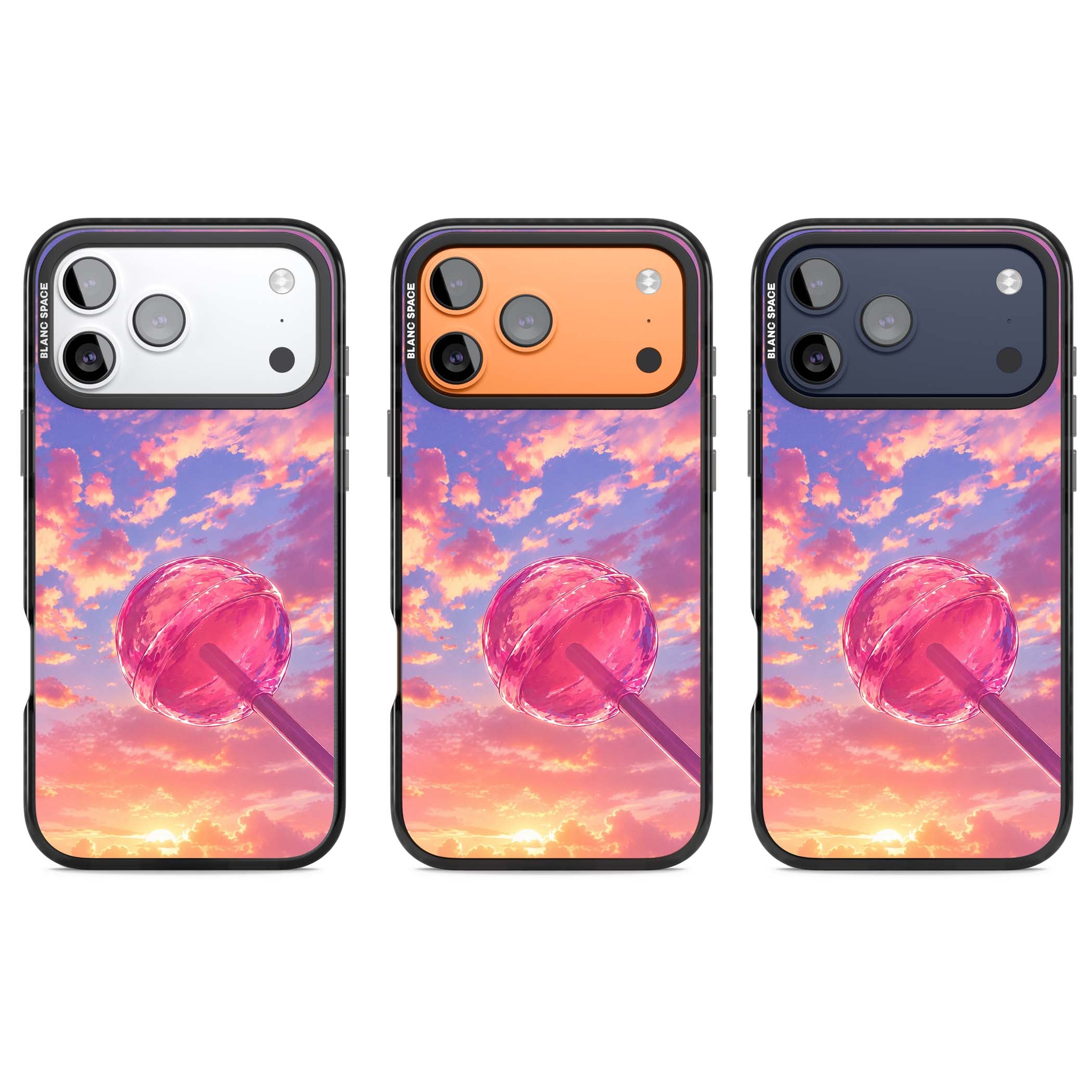 Sugar Sunset candy aesthetic iPhone case featuring a pink lollipop, pastel sunset sky and dreamy clouds | Black Impact Magsafe case for iPhone 17 Pro, iPhone 17 Pro Max