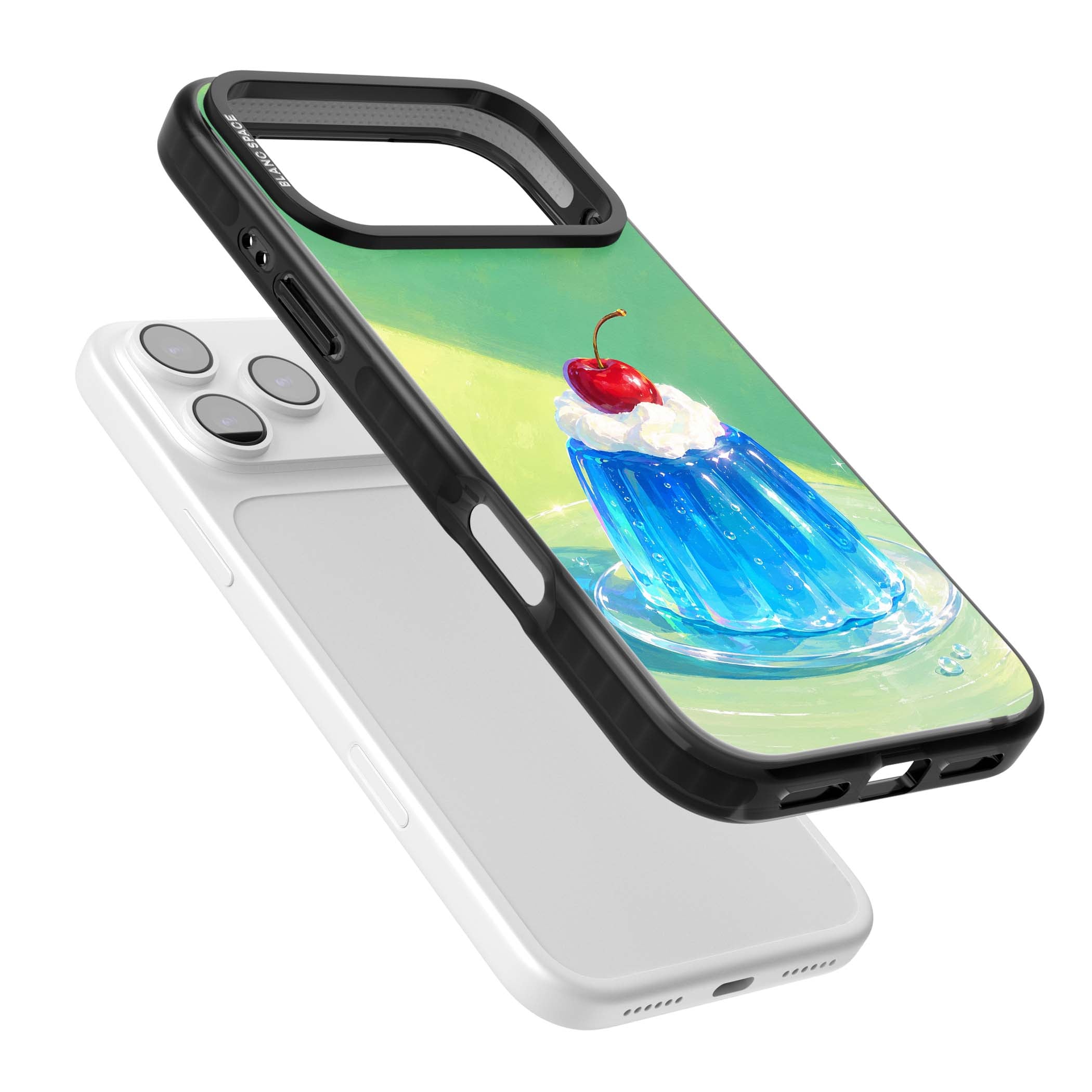 Cherry Jelly kawaii dessert iPhone case featuring blue jelly pudding, whipped cream and a red cherry | Black Impact Magsafe case for iPhone 17 Pro, iPhone 17 Pro Max