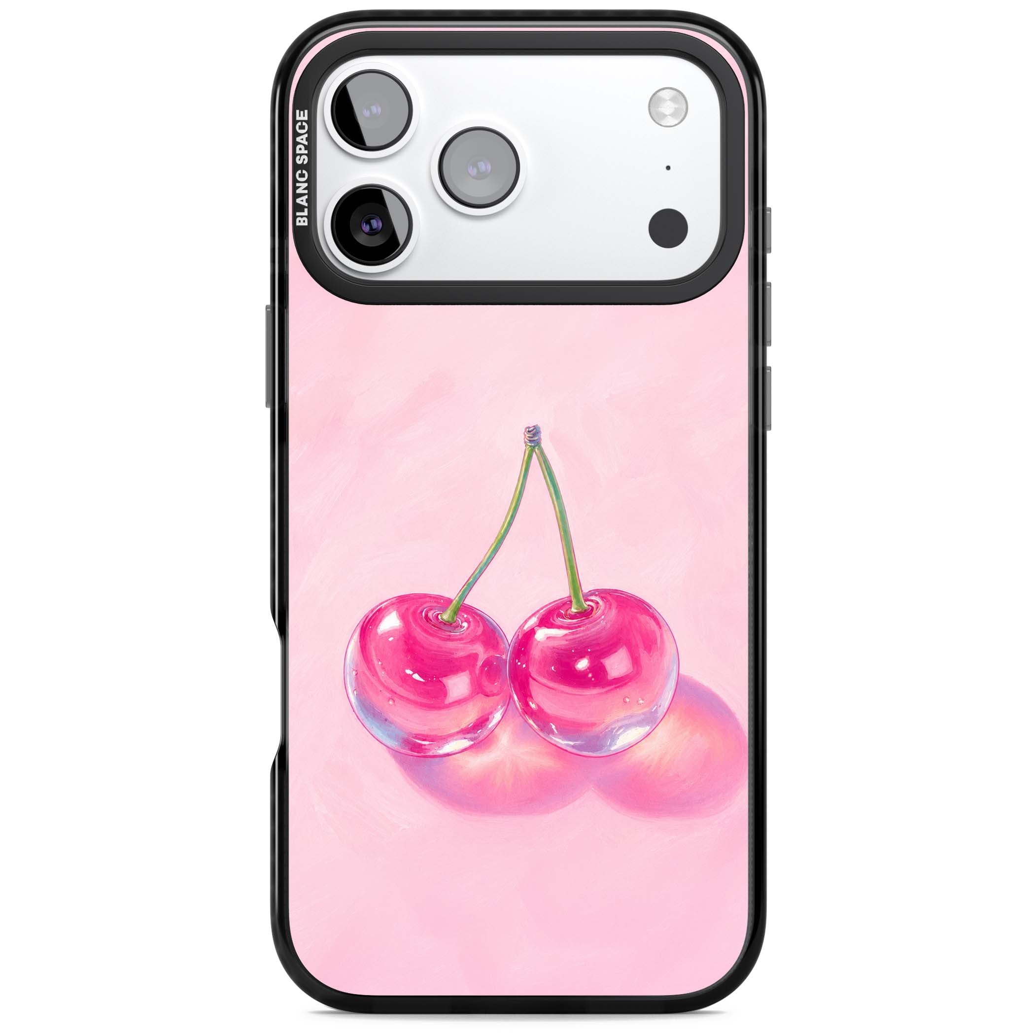 Pink Glass Cherry coquette iPhone case featuring two glossy painted cherries on a soft pink background | Black Impact Magsafe case for iPhone 17 Pro, iPhone 17 Pro Max