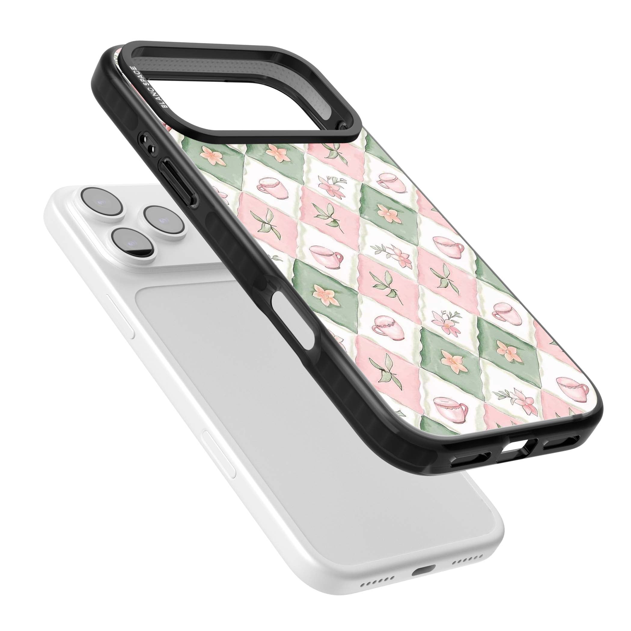 Garden Tea Party coquette iPhone case with pink and green checkered pattern, watercolour teacups and wildflowers | Black Impact Magsafe case for iPhone 17 Pro, iPhone 17 Pro Max