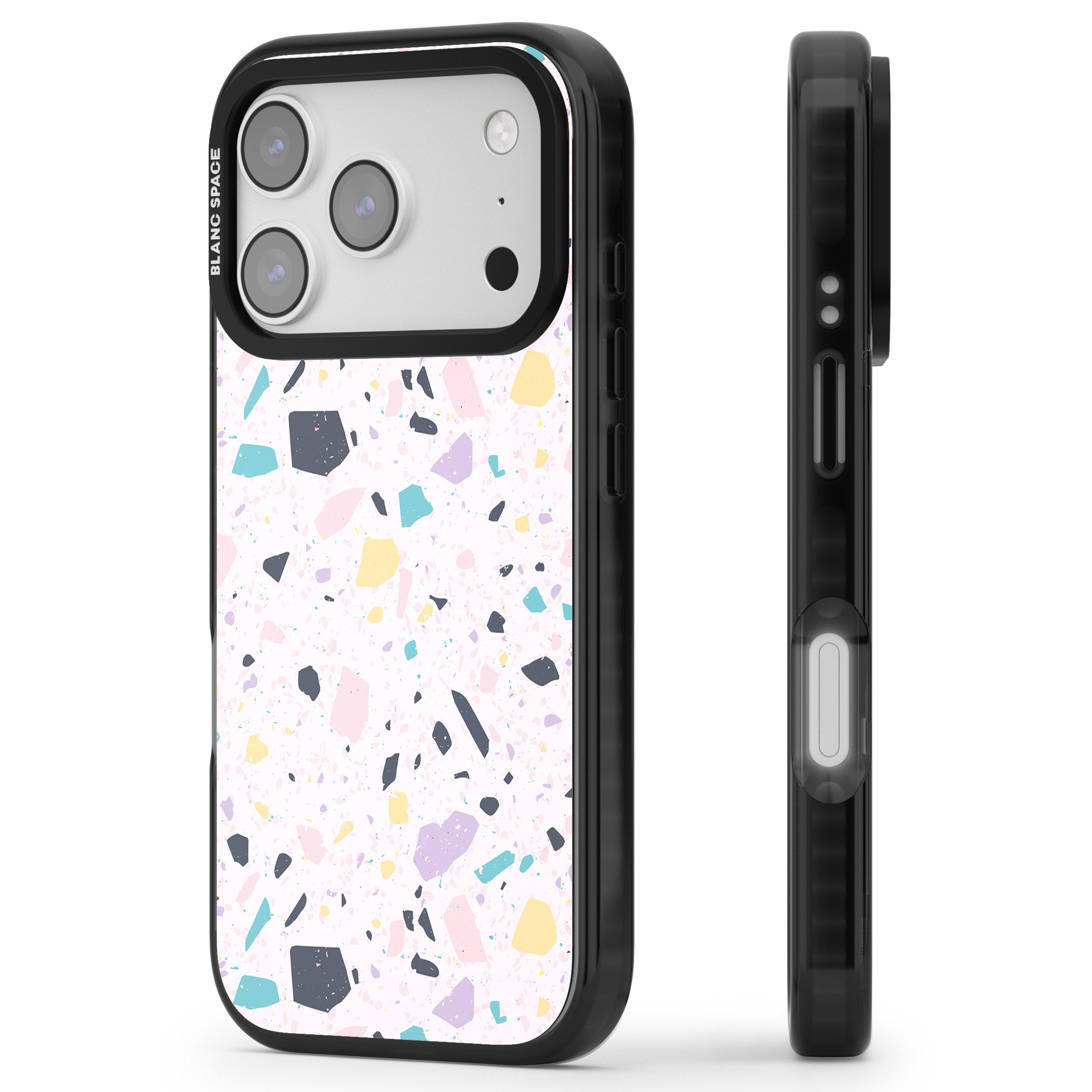 Pink, Purple & Turquoise Terrazzo Pattern iPhone 17 Pro Max Impact Pro Black Phone Case Side Profile