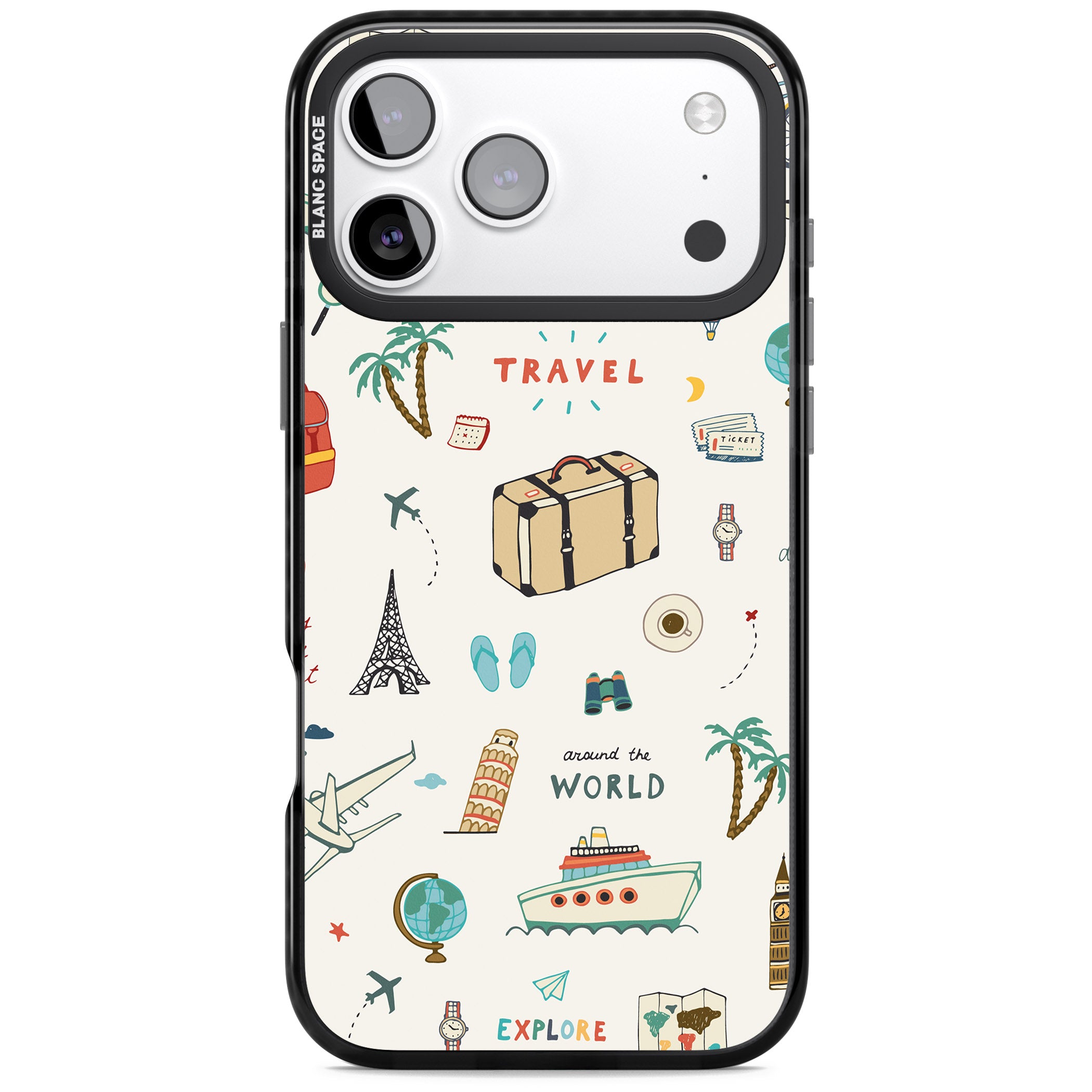 Cute Travel Pattern Cream iPhone 17 Pro Impact Pro Black Phone Case