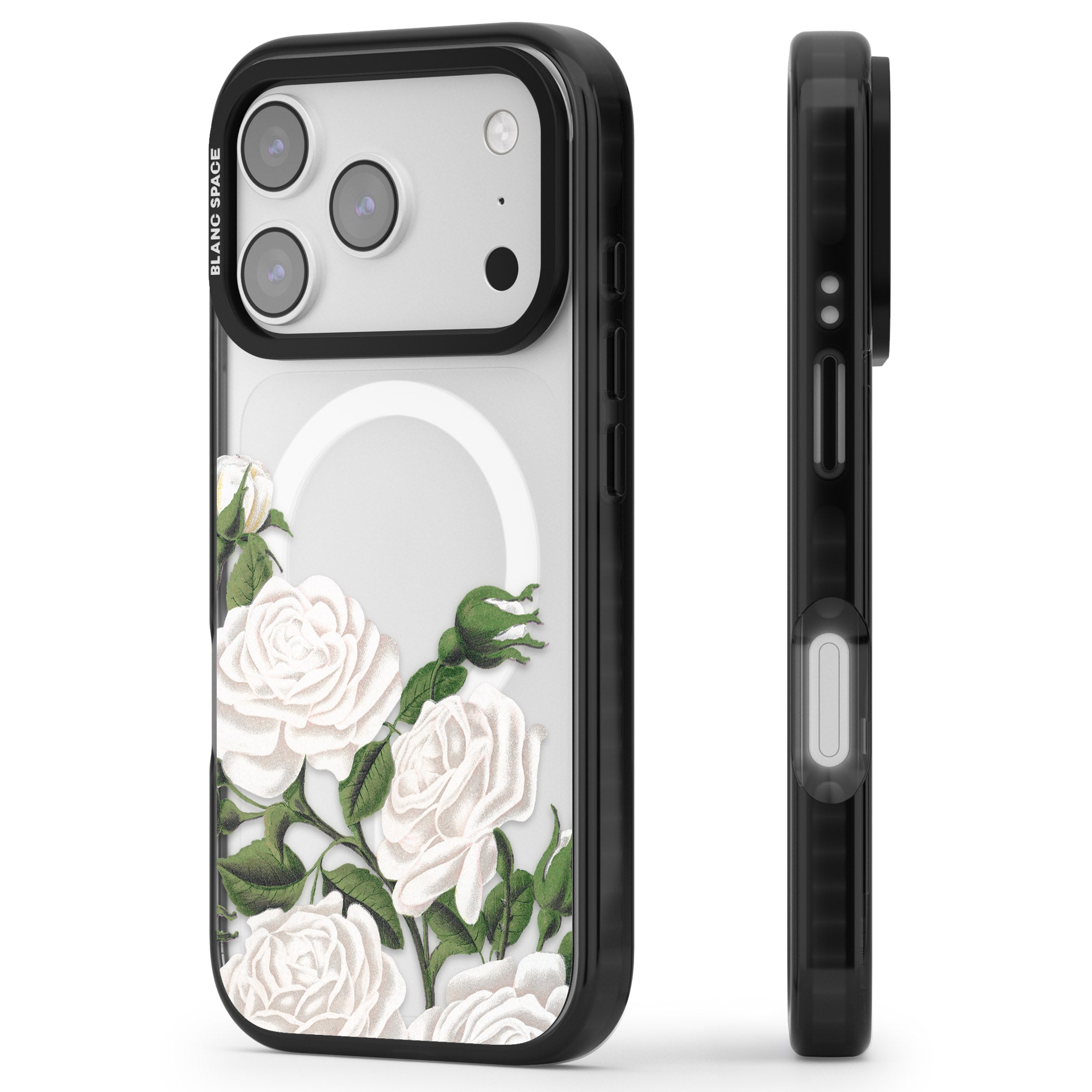 White Vintage Painted Flowers iPhone 17 Pro Max Impact Pro Black Phone Case Side Profile
