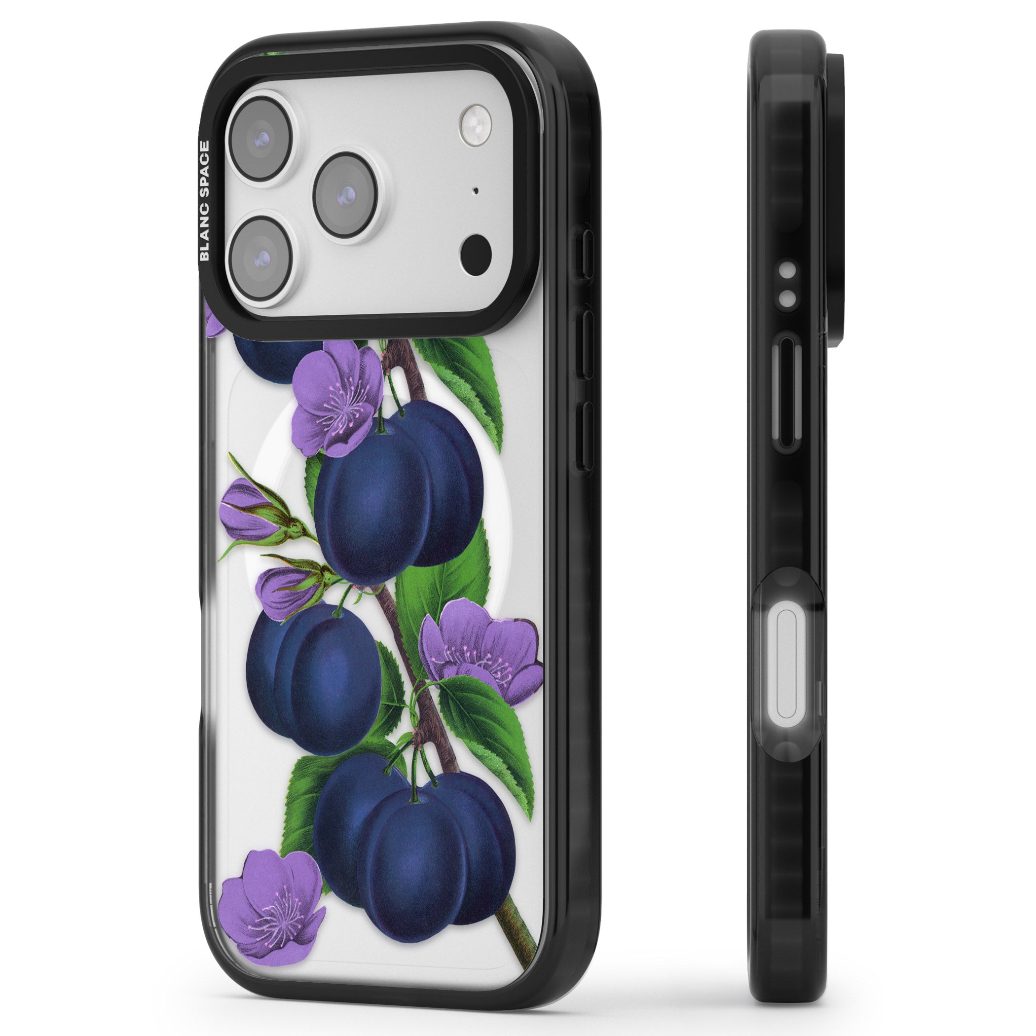 Vintage Painted Plums iPhone 17 Pro Impact Pro Black Phone Case Side Profile