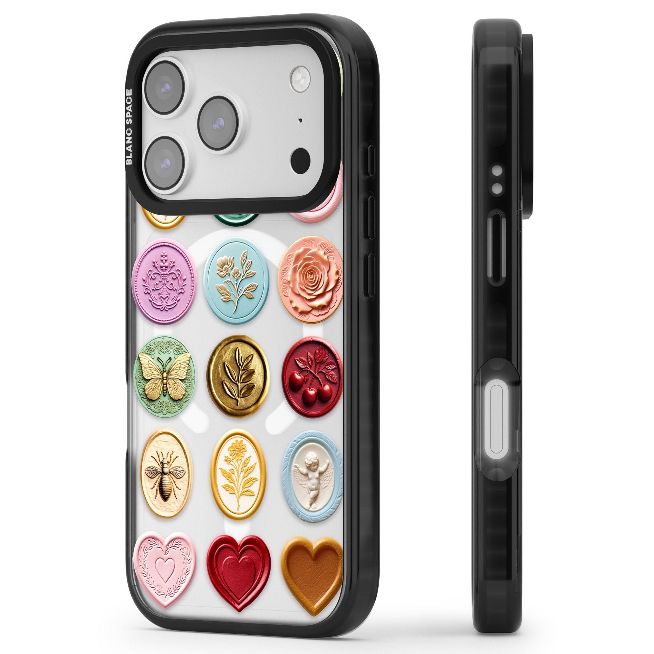 Vintage Wax Seal Pattern iPhone 17 Pro Max Impact Pro Black Phone Case Side Profile
