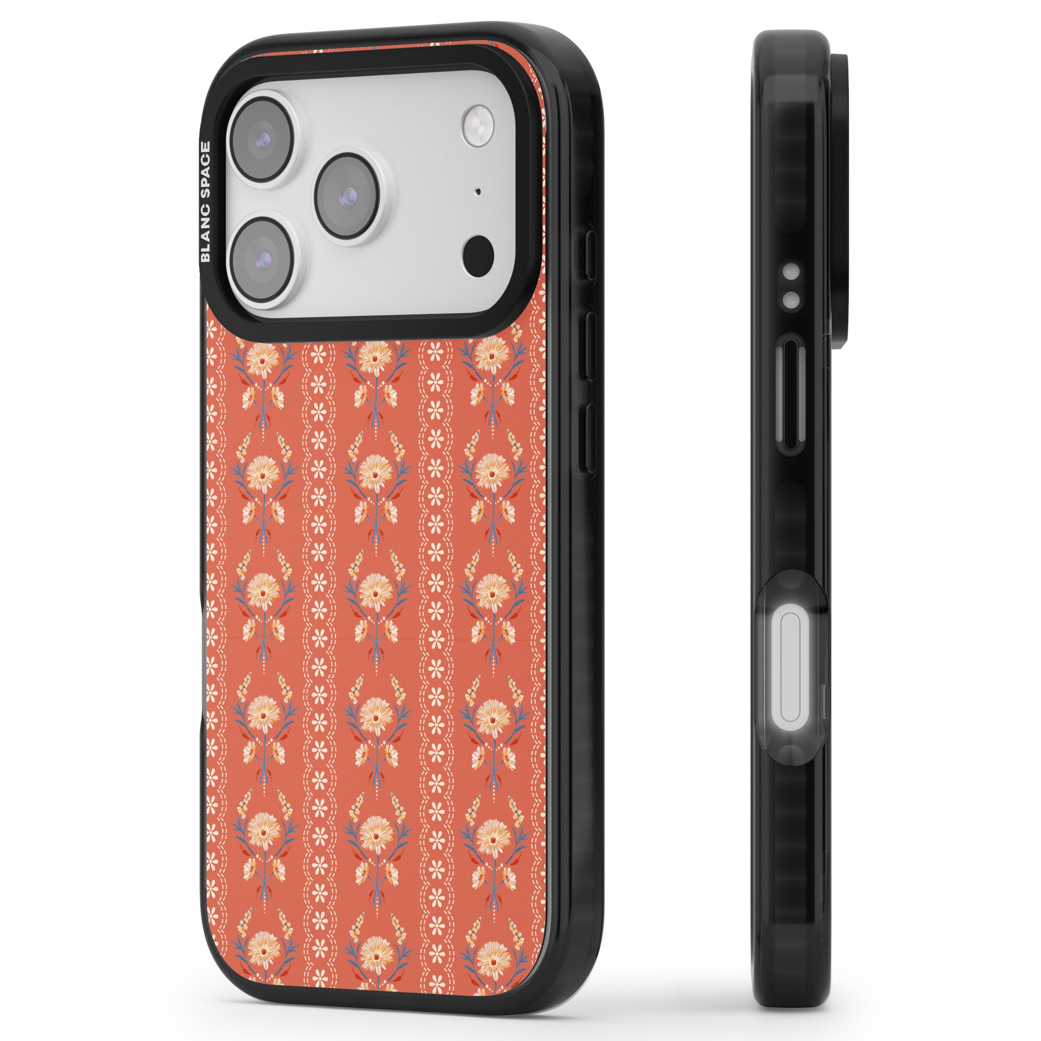 Vintage Terracotta Floral iPhone 17 Pro Max Impact Pro Black Phone Case Side Profile