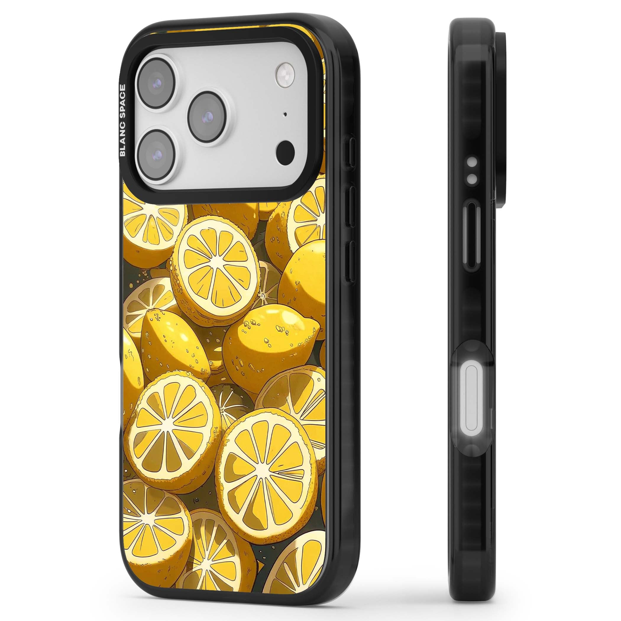 Zesty coastal iPhone case featuring illustrated Mediterranean lemons and citrus slices in golden yellow | Black Impact Magsafe case for iPhone 17 Pro, iPhone 17 Pro Max
