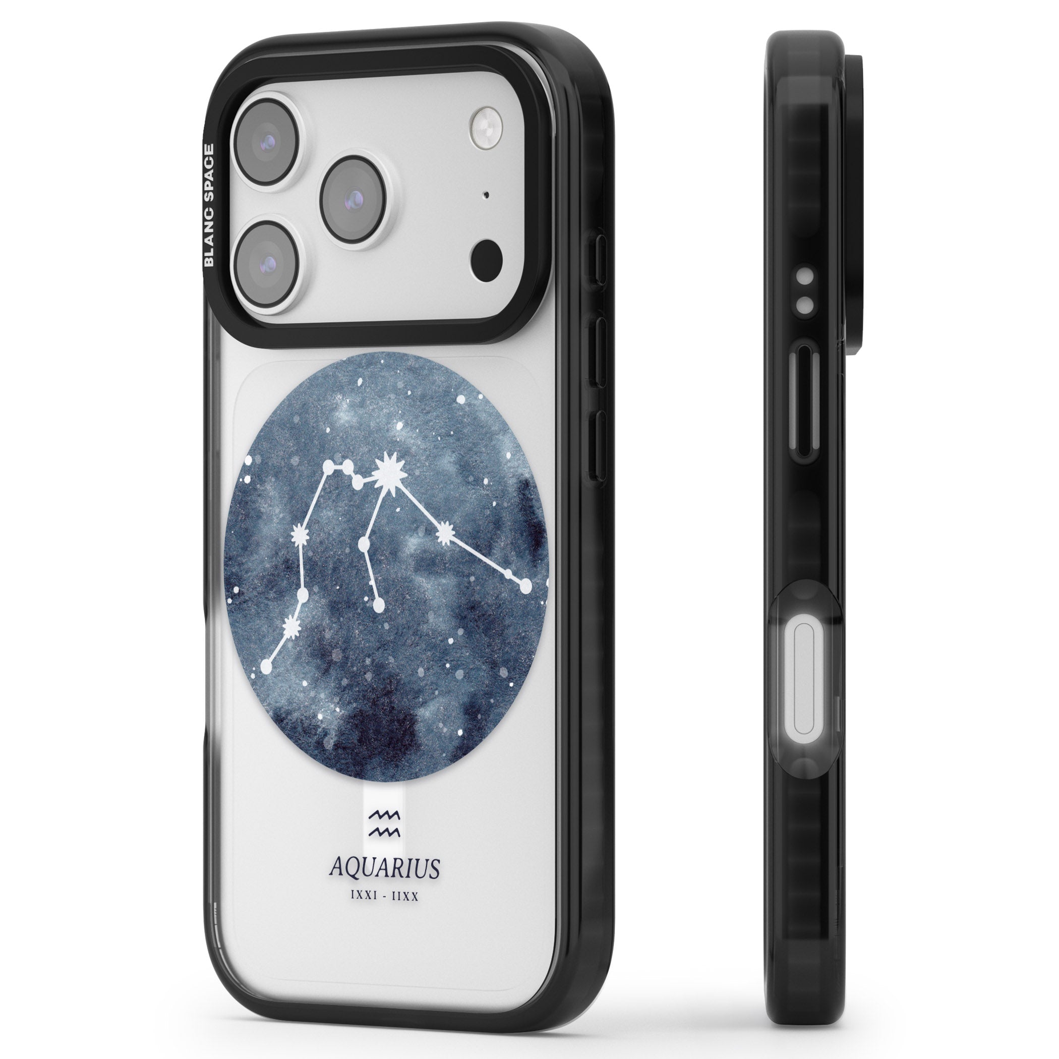 Aquarius Zodiac Blue iPhone 17 Pro Impact Pro Black Phone Case Side Profile
