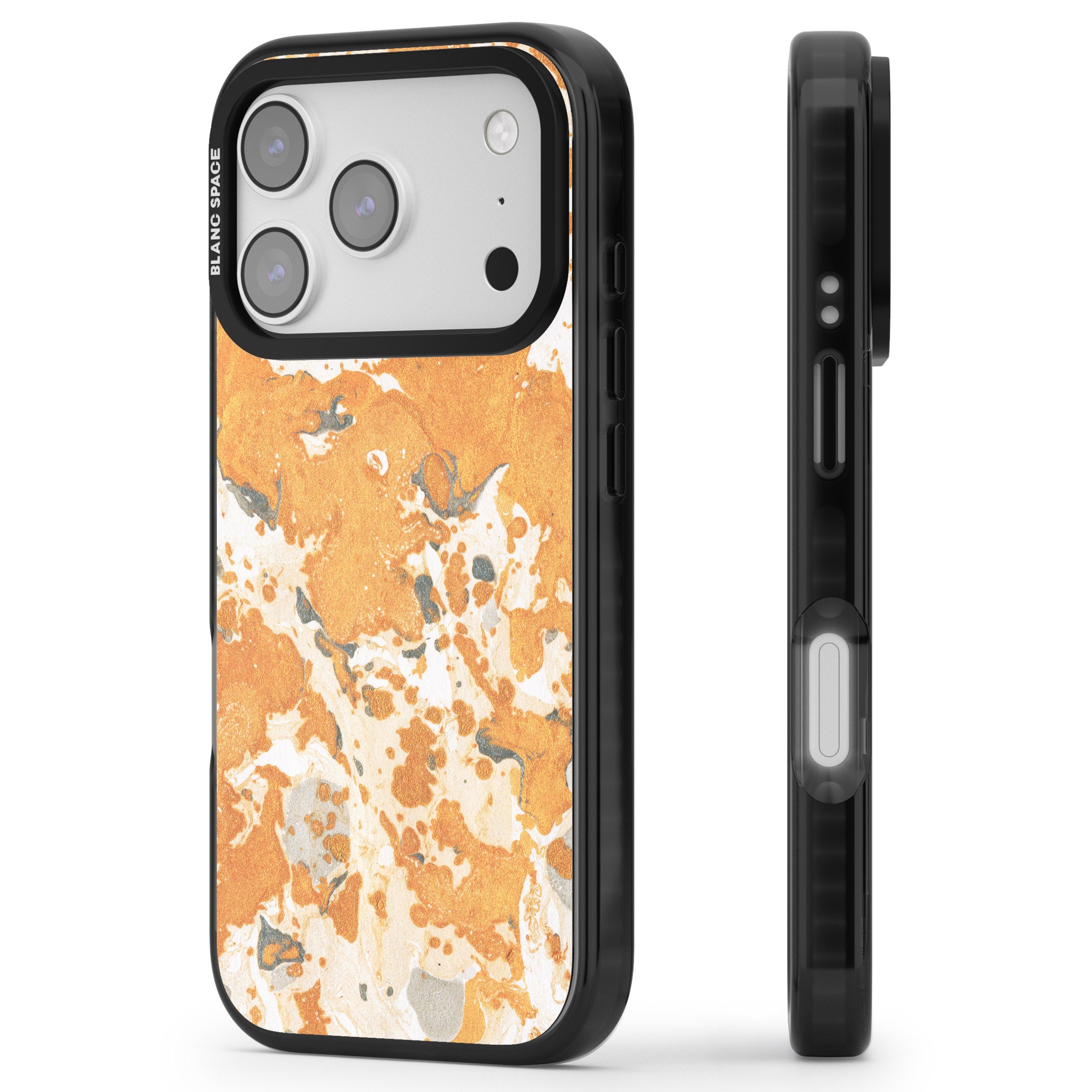 Orange Marbled iPhone 17 Pro Impact Black Phone Case Side Profile