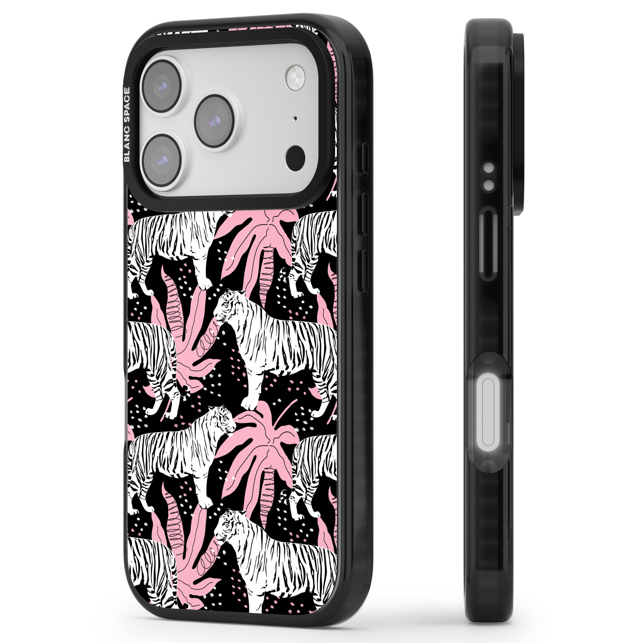 Pink Jungle Tiger iPhone 17 Pro Impact Black Phone Case Side Profile