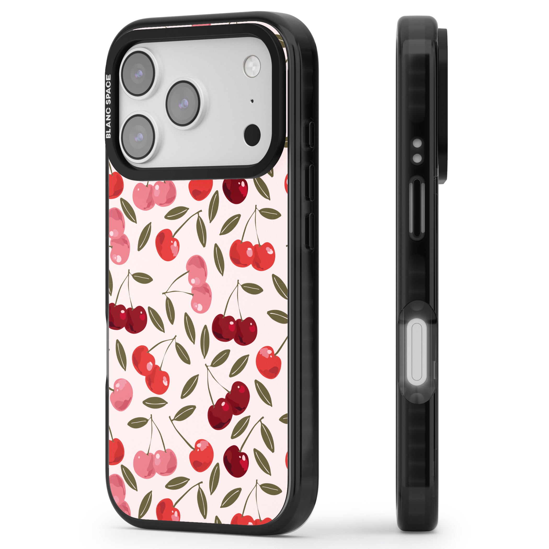 Fruity & Fun Patterns Cherries iPhone 17 Pro Impact Black Phone Case Side Profile