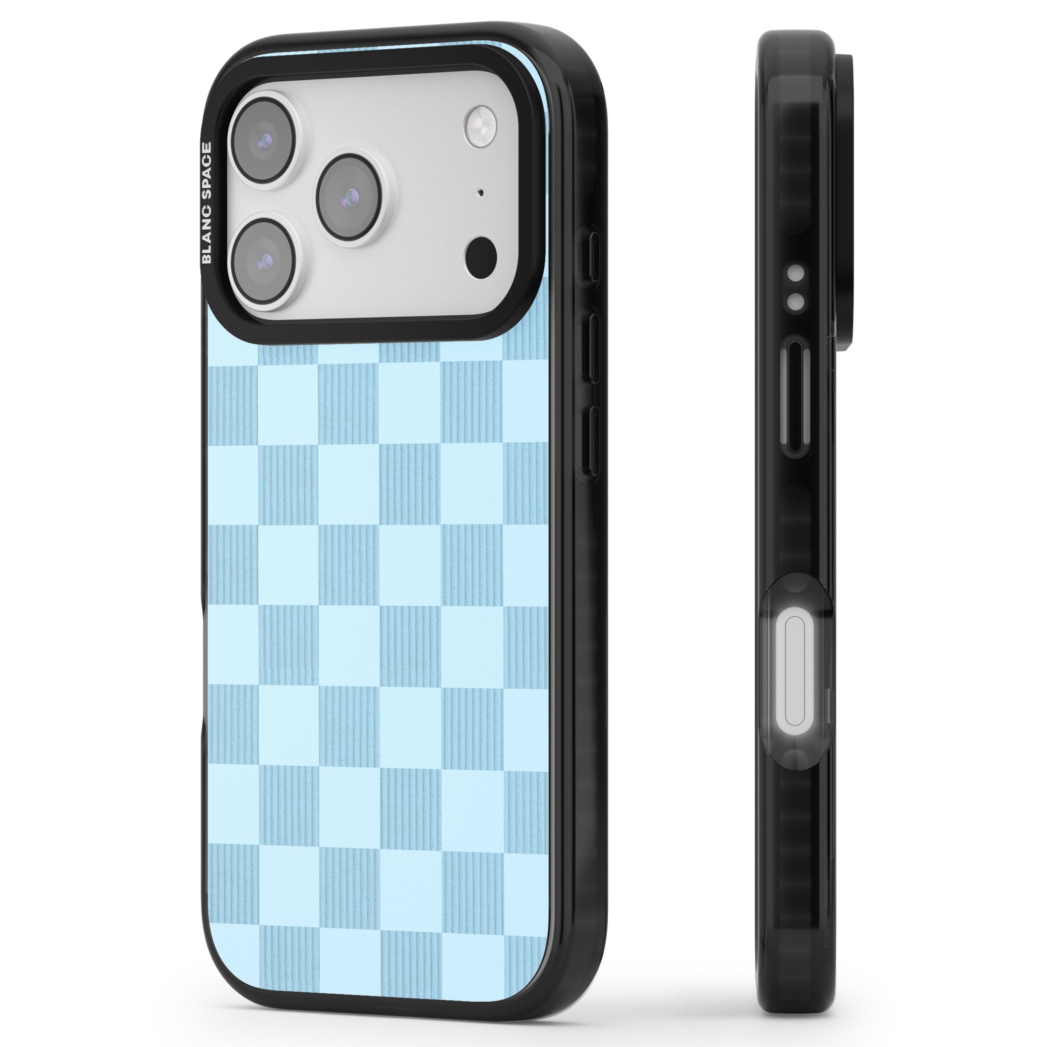 Skyblue Checkered iPhone 17 Pro Impact Black Phone Case Side Profile