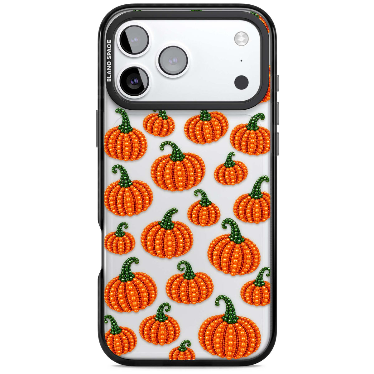 Beaded Pumpkins halloween iPhone case featuring beaded orange pumpkins with green stems on a clear background | Clear Impact case for iPhone 17 Pro, iPhone 17 Pro Max