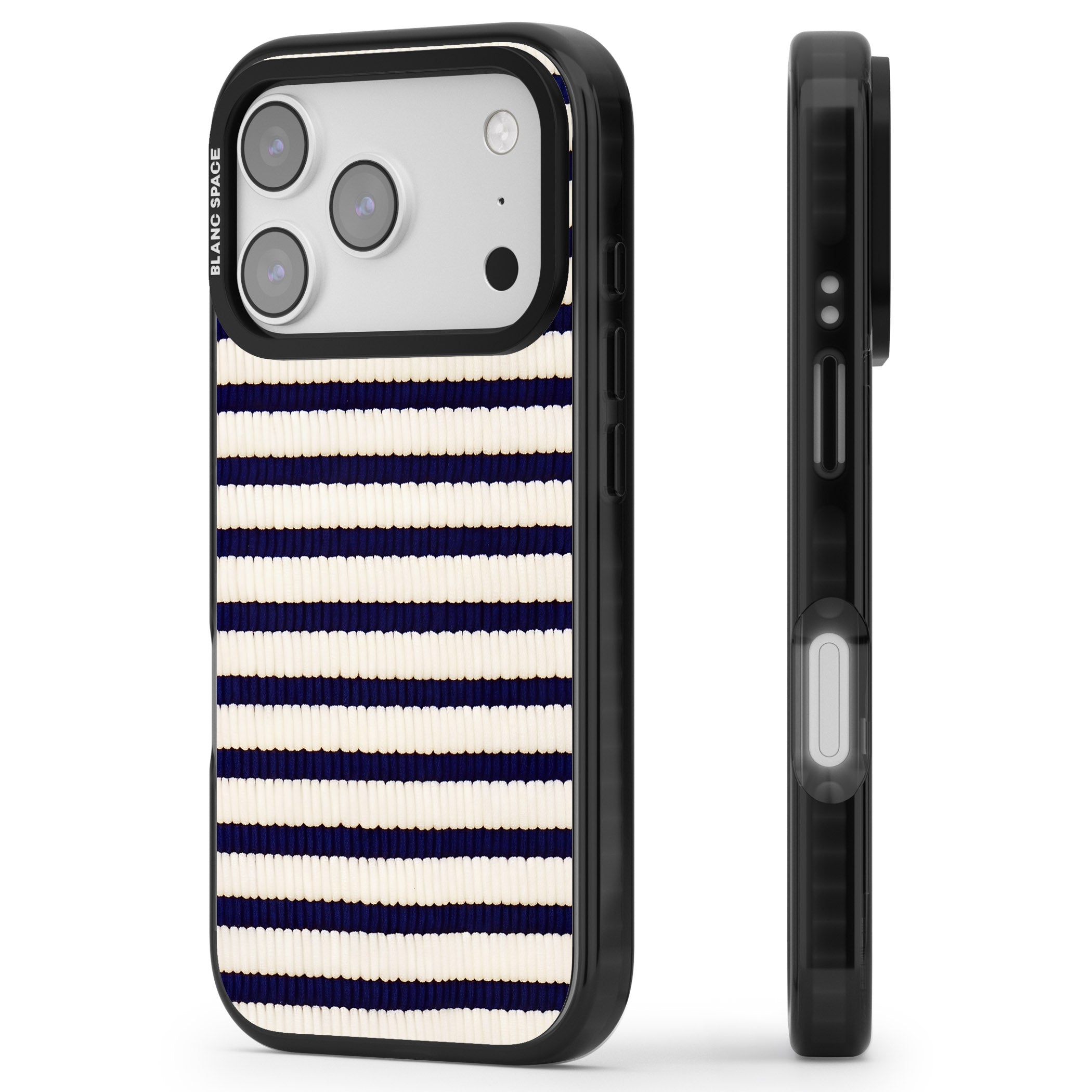 Navy & Cream Stripes iPhone 17 Pro Max Impact Black Phone Case Side Profile