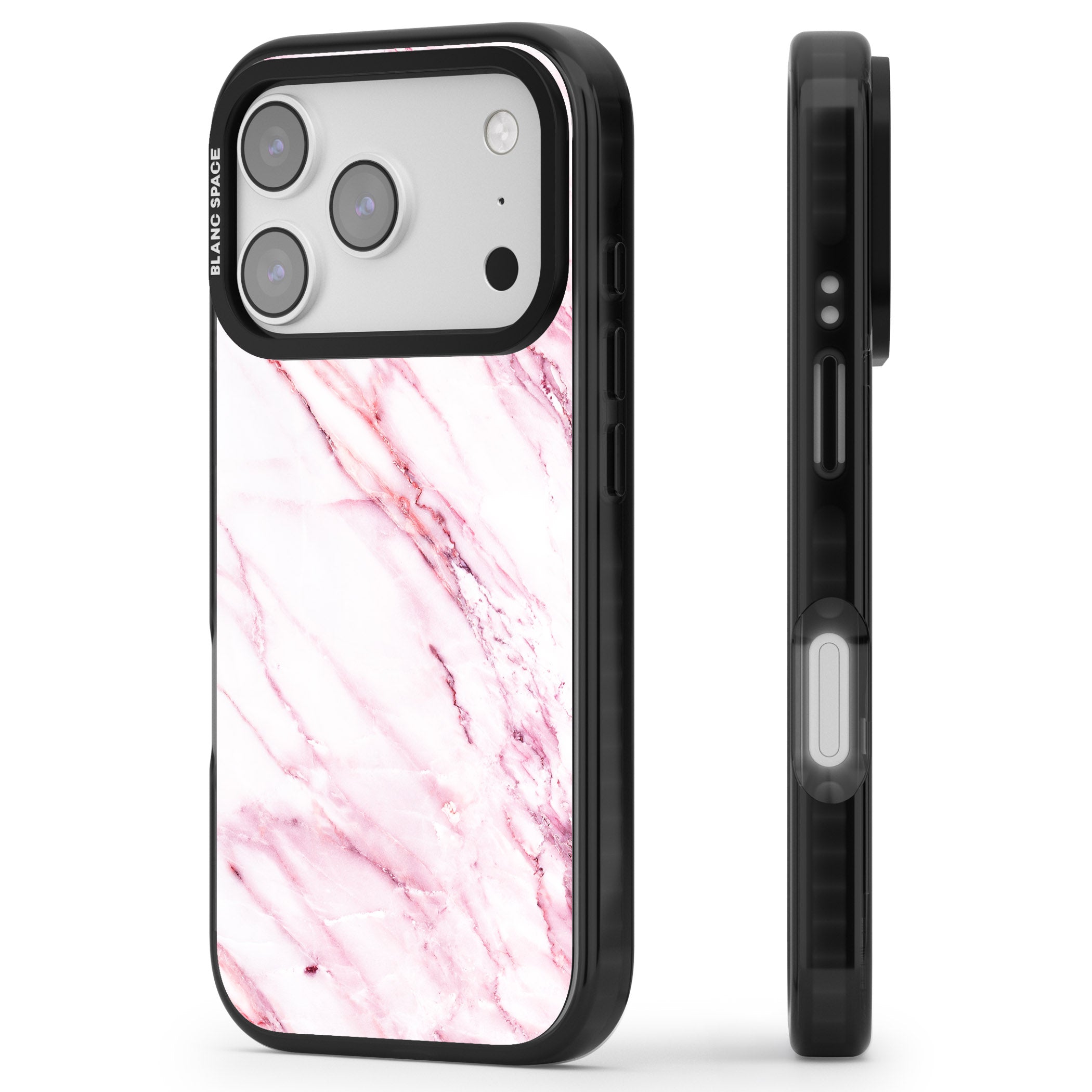 White Pink Onyx Marble iPhone 17 Pro Impact Black Phone Case Side Profile