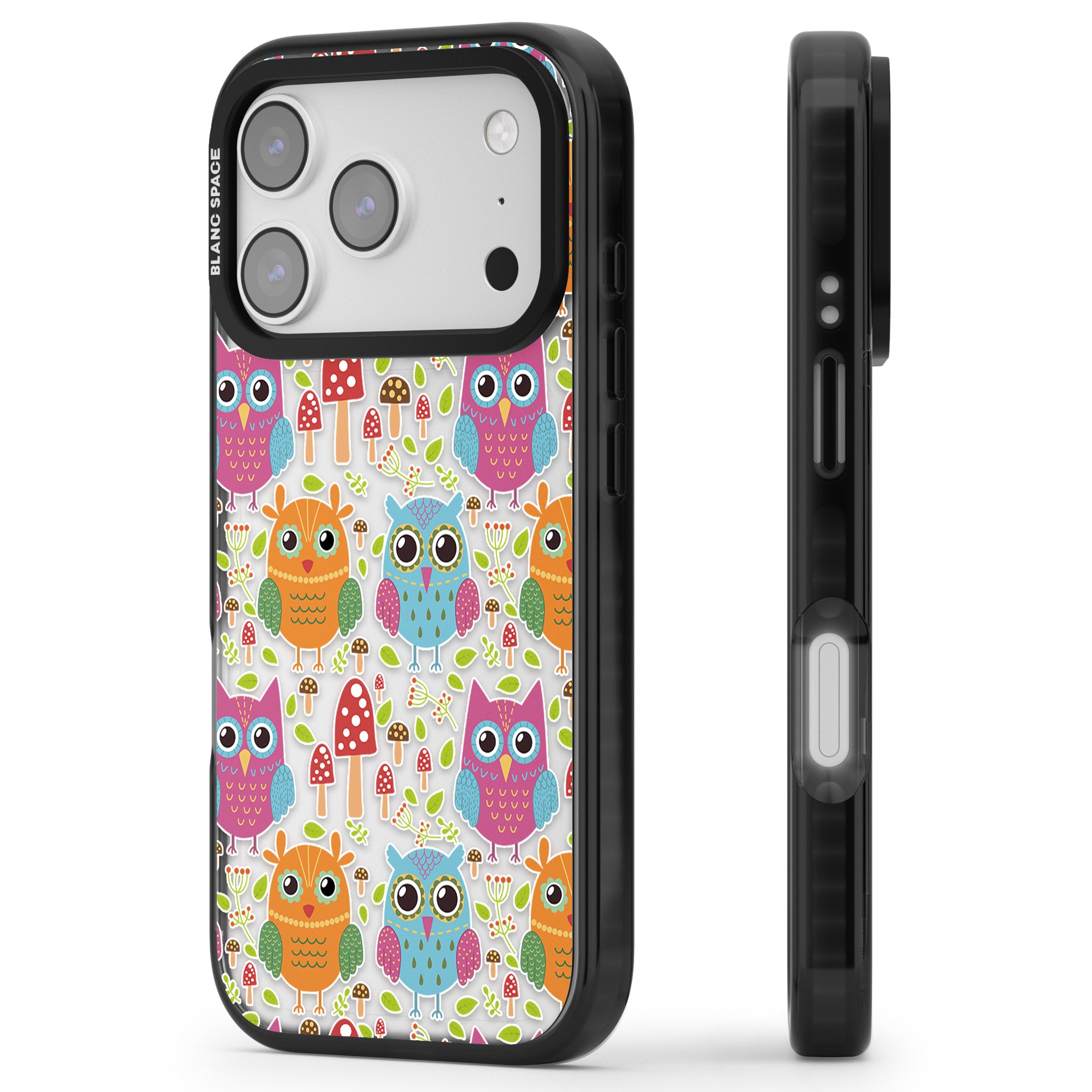 Forrest Owl Clear Pattern iPhone 17 Pro Impact Black Phone Case Side Profile
