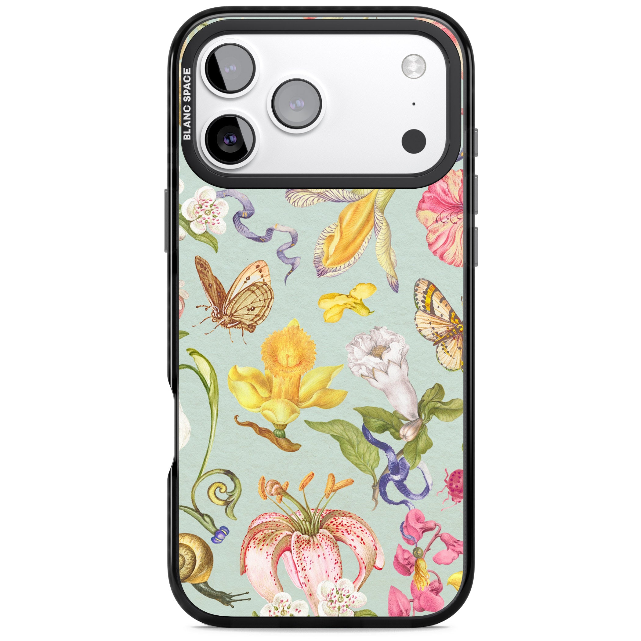 Blue Vintage Painted Flowers iPhone 17 Pro Impact Black Phone Case