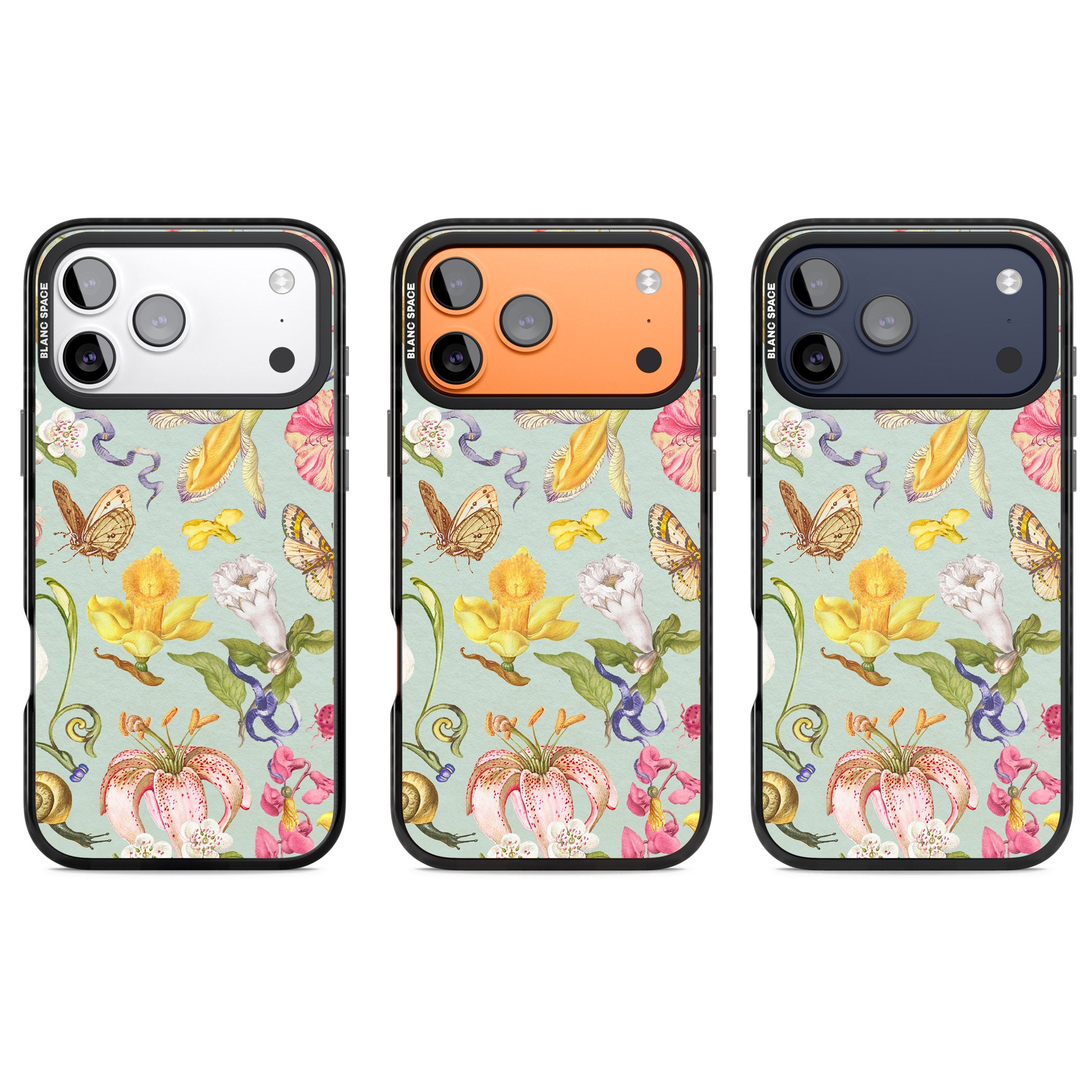 Blue Vintage Painted Flowers iPhone 17 Pro Impact Black Phone Case APT Impact Protection