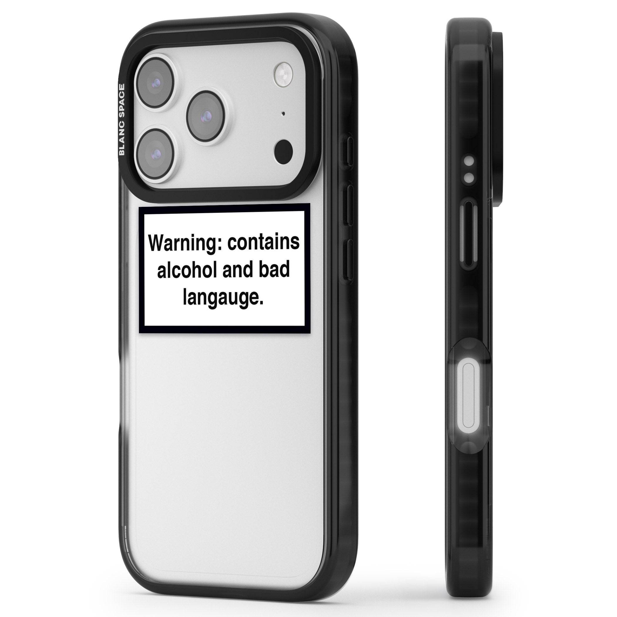 Warning: Contains Alcohol & Bad Language iPhone 17 Pro Impact Black Phone Case Side Profile