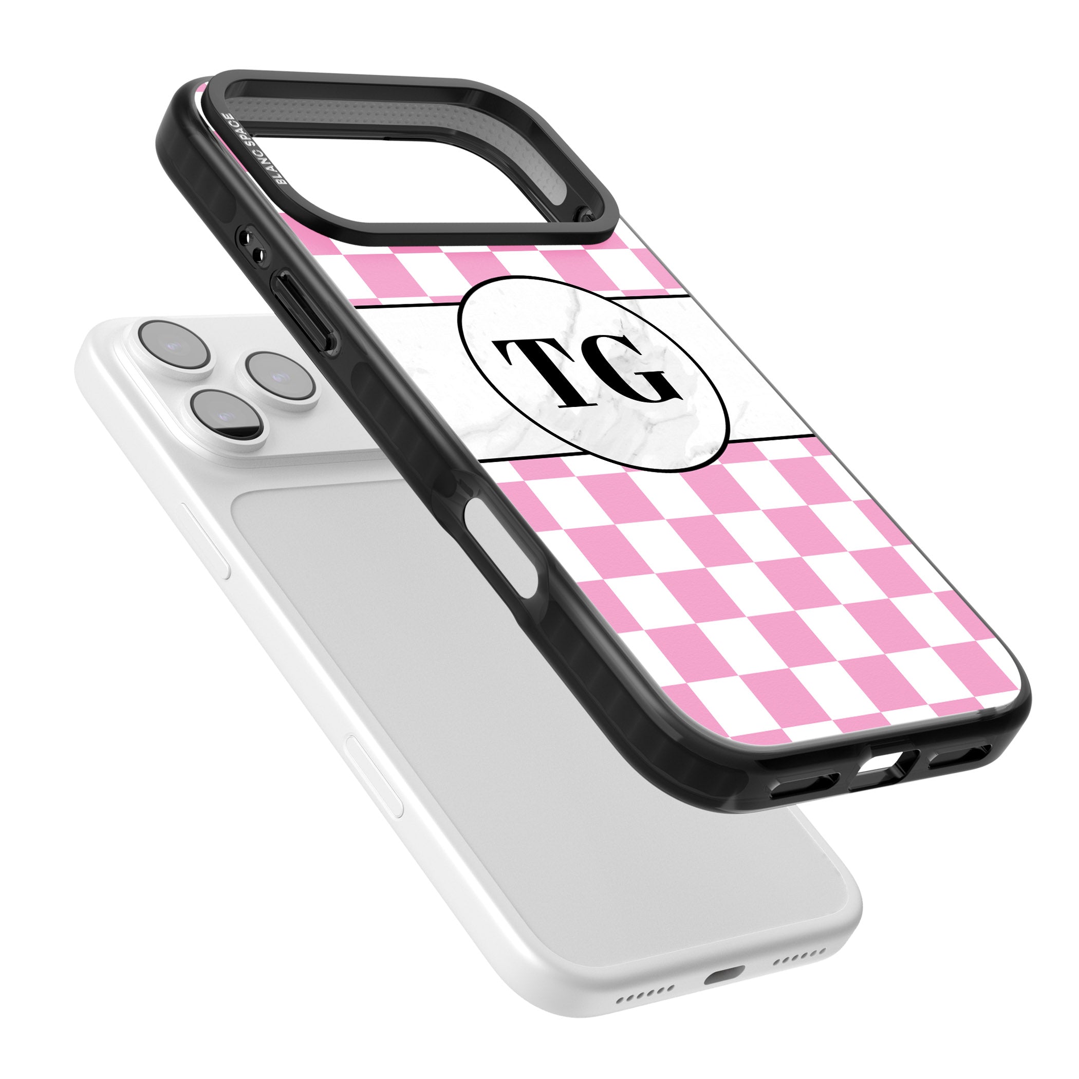 Personalised Monogrammed Pink Check iPhone 17 Pro Impact Black Phone Case Colours