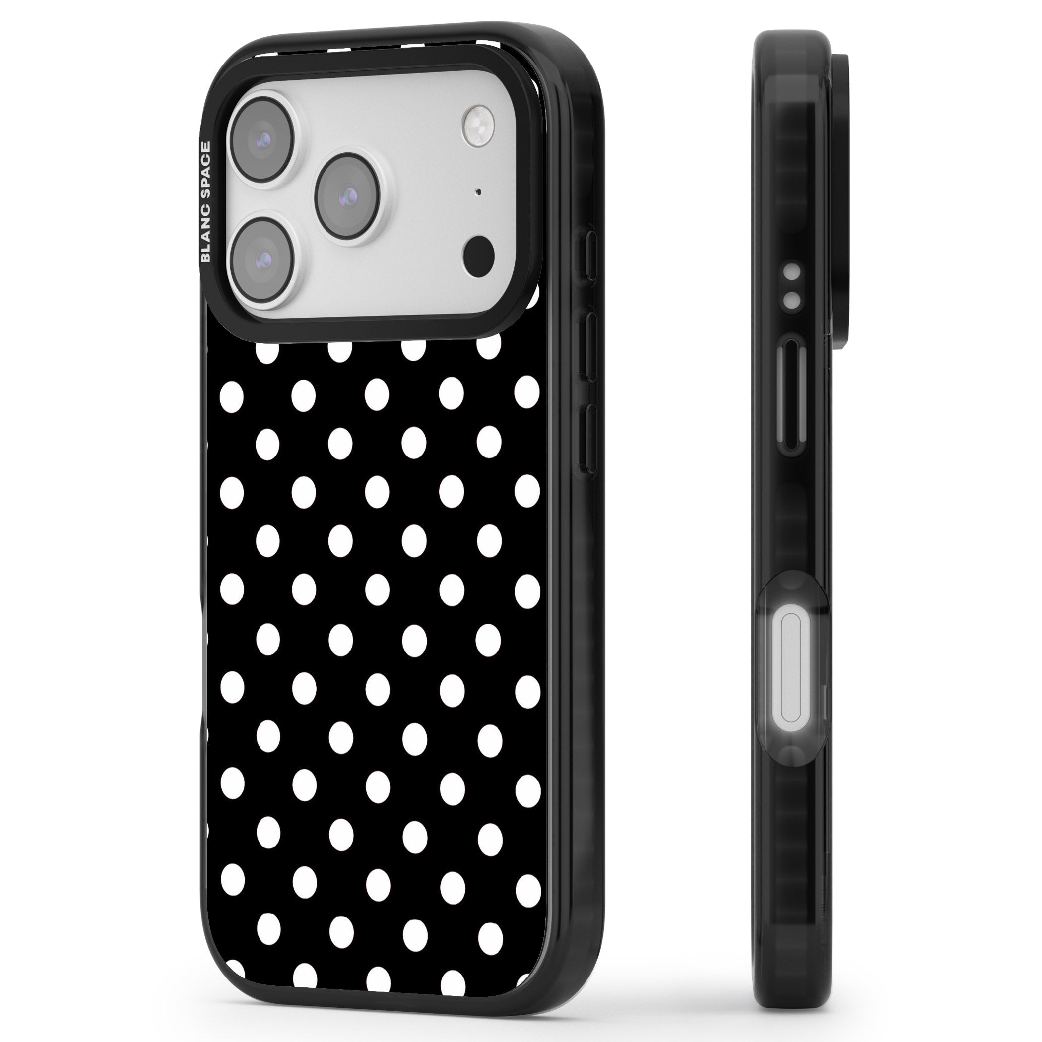 Designer Chic Black Polka Dot iPhone 17 Pro Max Impact Black Phone Case Side Profile