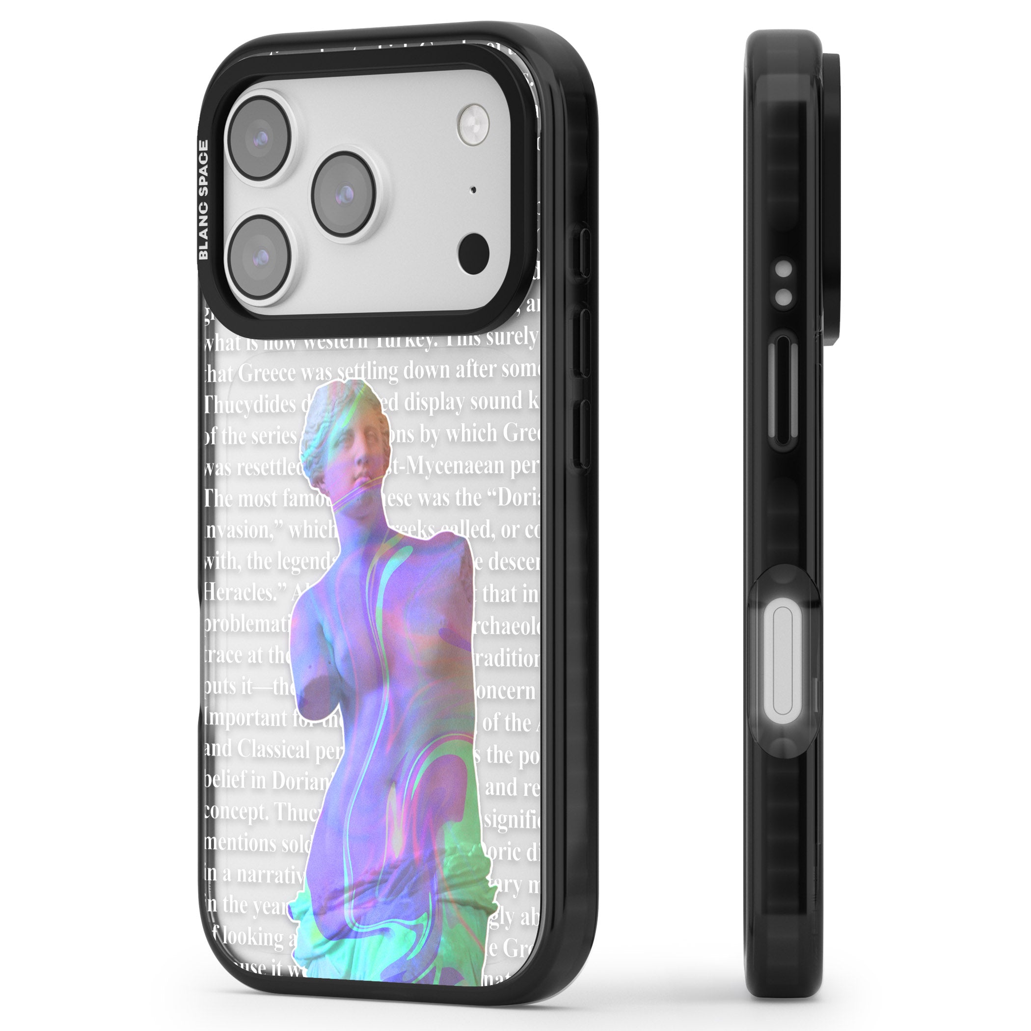 Iridescent De Milo iPhone 17 Pro Impact Black Phone Case Side Profile