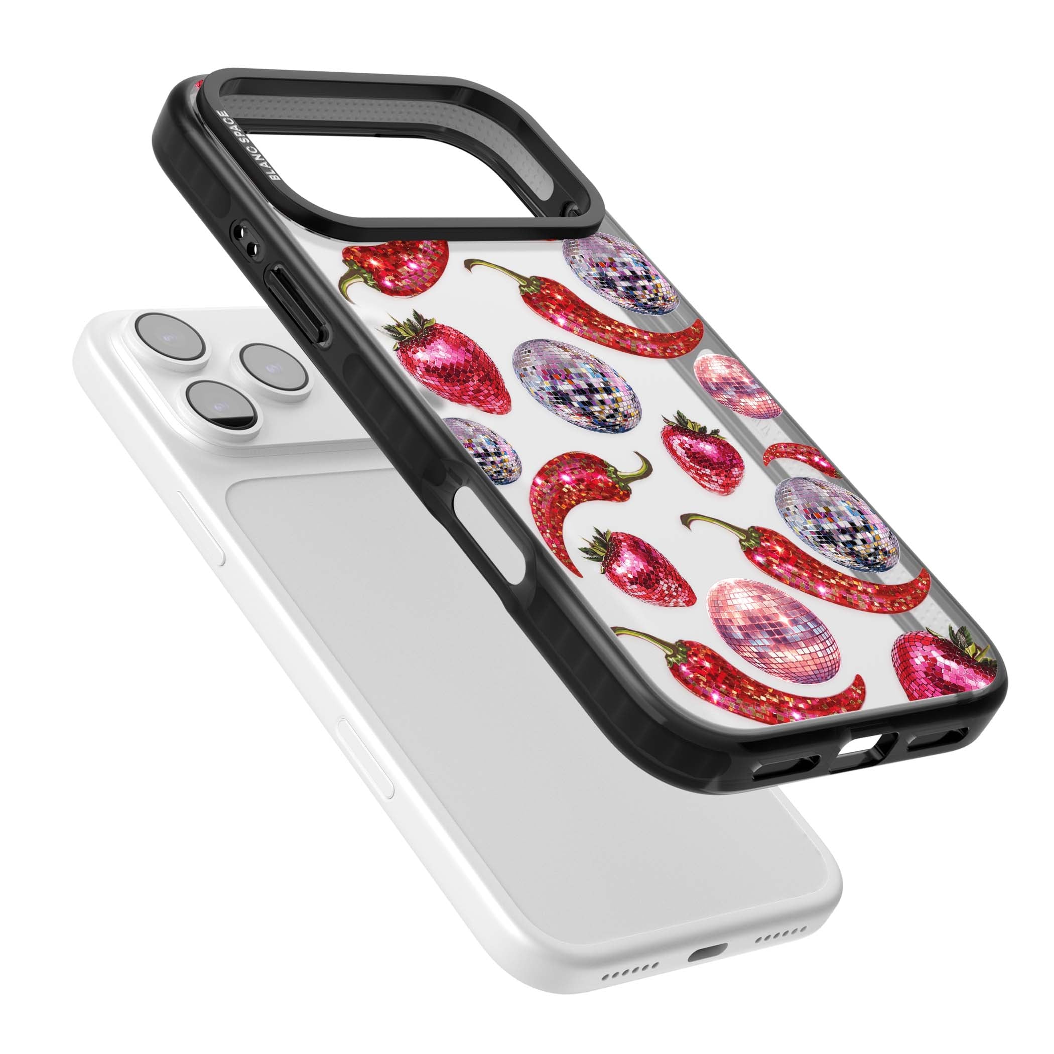 Spicy Disco Y2K iPhone case featuring glitter disco balls, sparkly strawberries and red chilli peppers | Clear Impact case for iPhone 17 Pro, iPhone 17 Pro Max