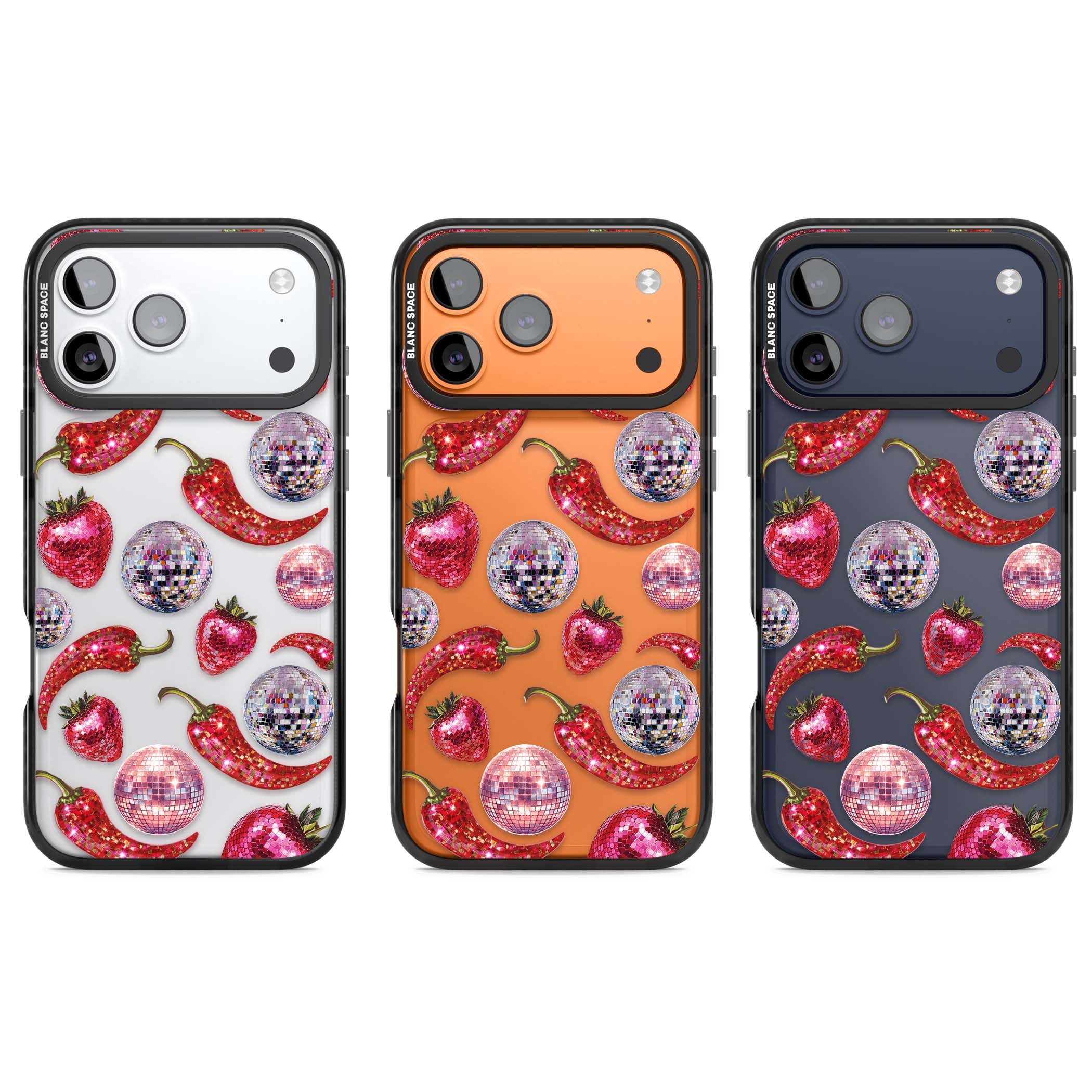 Spicy Disco Y2K iPhone case featuring glitter disco balls, sparkly strawberries and red chilli peppers | Clear Impact case for iPhone 17 Pro, iPhone 17 Pro Max