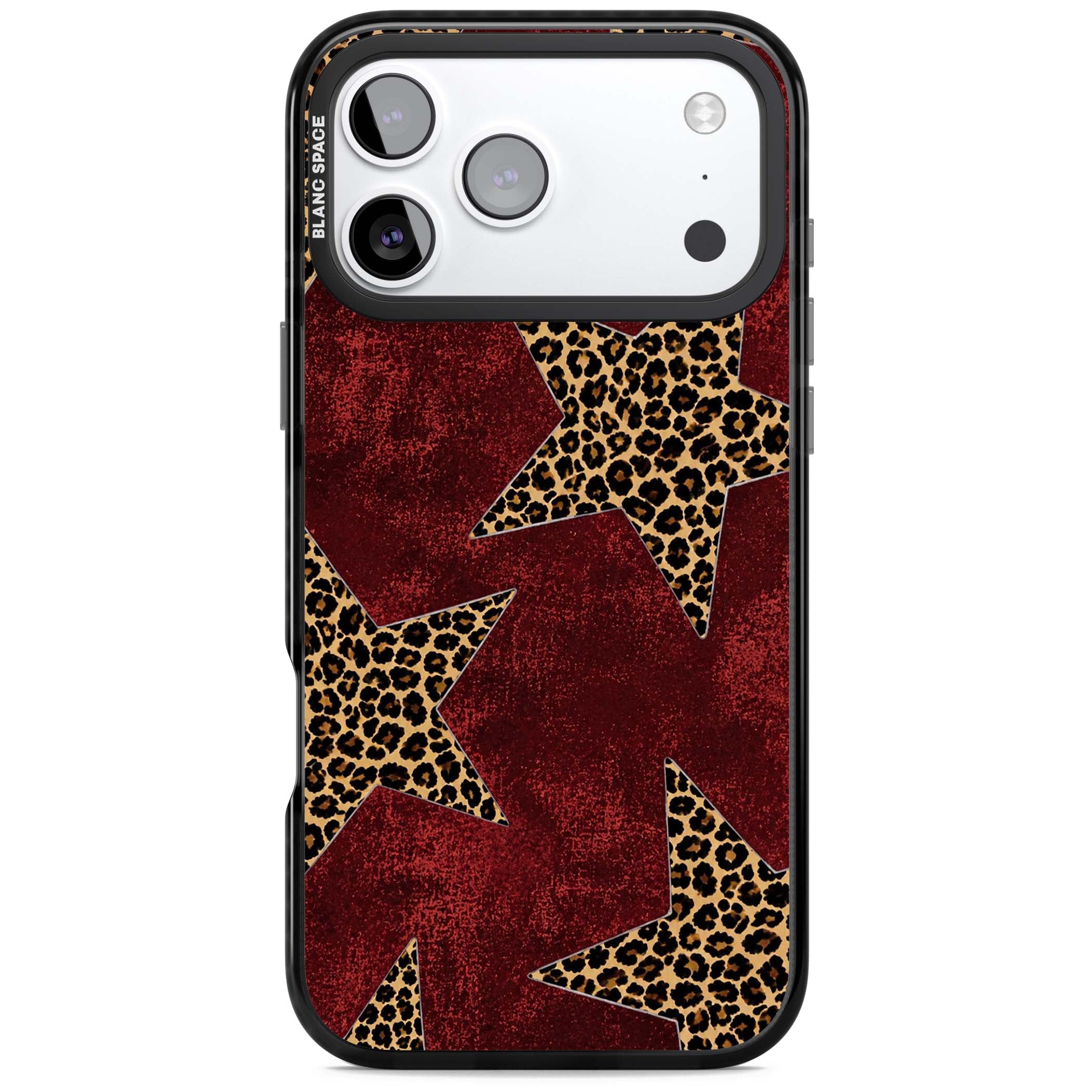 Showgirl leopard print iPhone case featuring cheetah print stars on distressed red grunge background | Clear Impact case for iPhone 17 Pro, iPhone 17 Pro Max