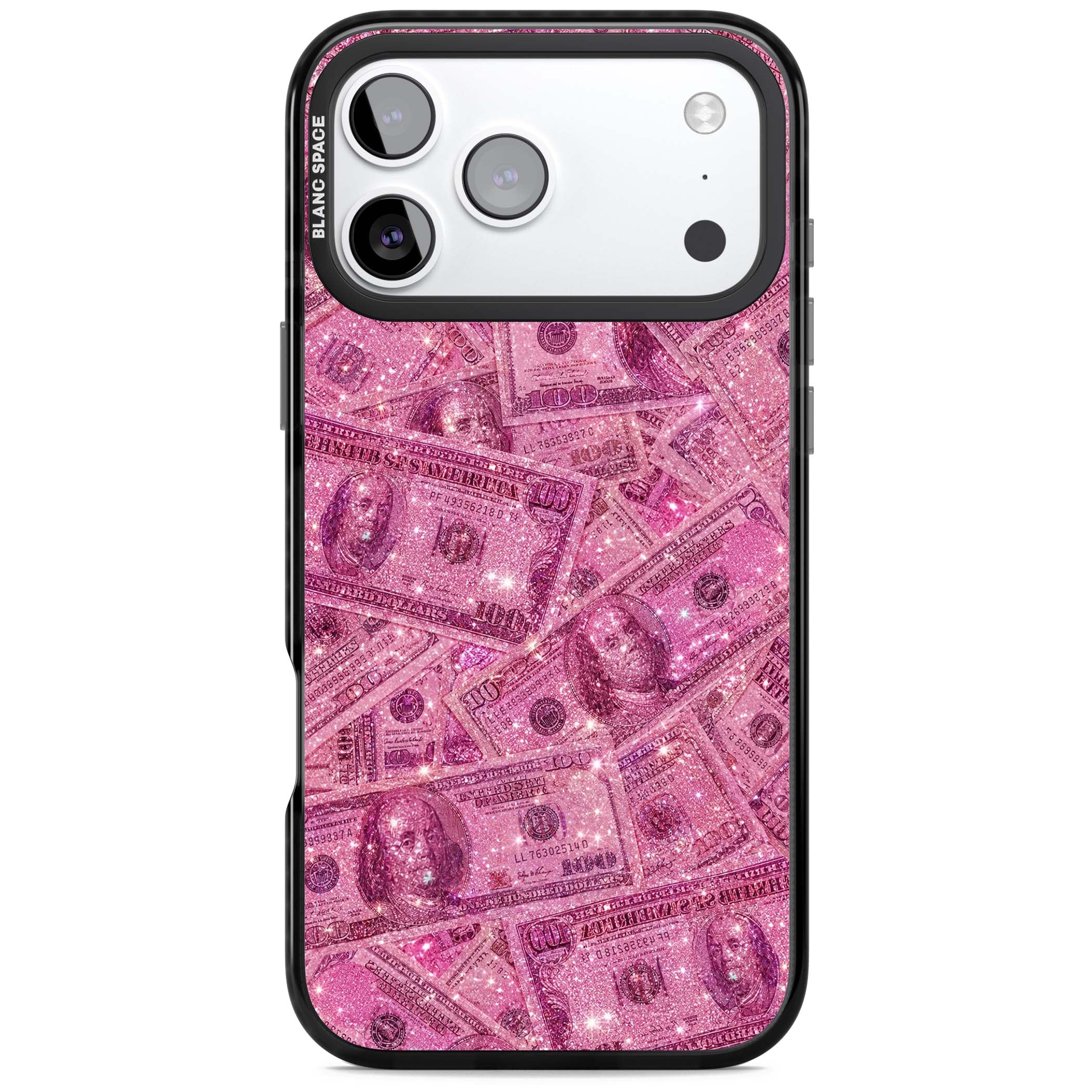 Glamorous baddie iPhone case featuring pink glitter hundred dollar bills and sparkling money wallpaper design | Clear Impact case for iPhone 17 Pro, iPhone 17 Pro Max