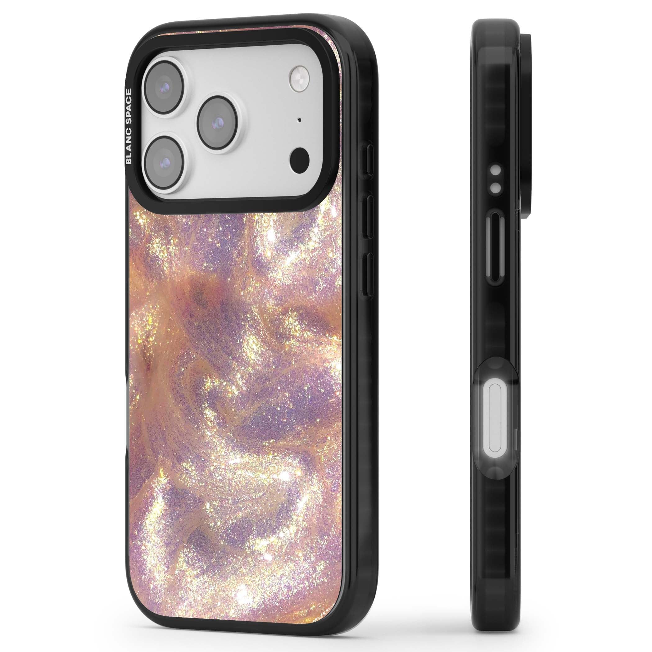 Shimmer marble iPhone case featuring rose gold glitter swirls, lilac shimmer and iridescent pearl finish | Clear Impact case for iPhone 17 Pro, iPhone 17 Pro Max