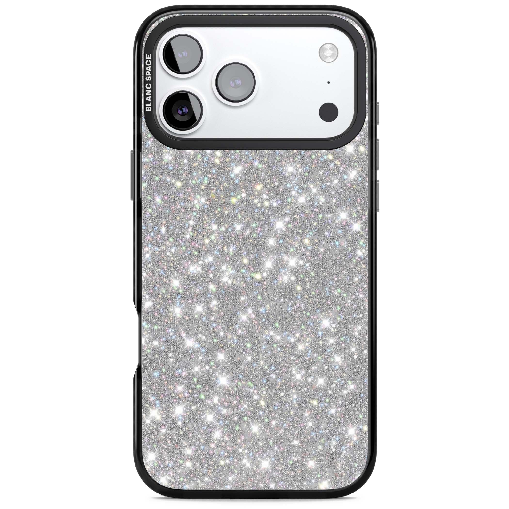 Diamond glam iPhone case featuring silver glitter sparkle and shimmering diamond dust effect | Clear Impact case for iPhone 17 Pro, iPhone 17 Pro Max