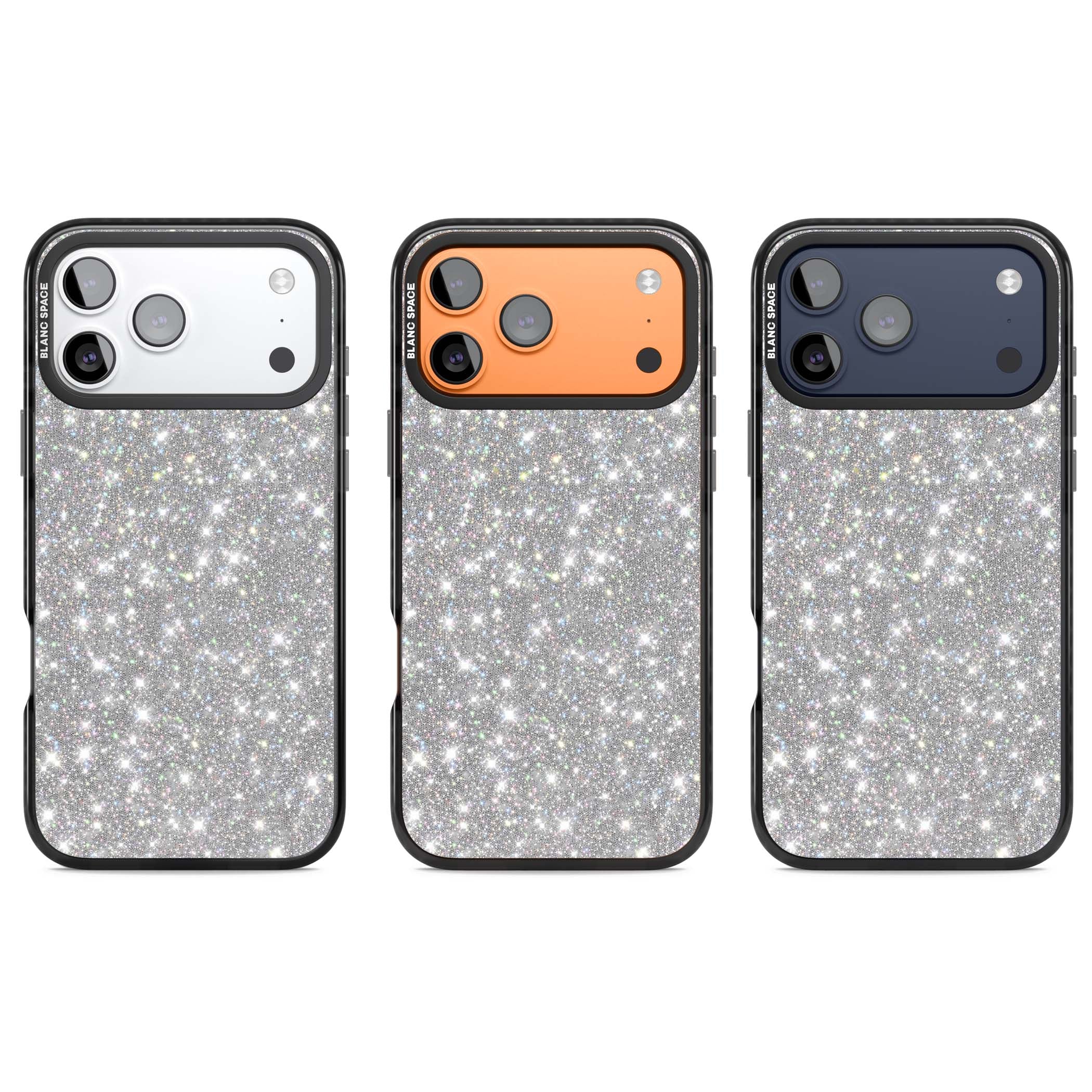 Diamond glam iPhone case featuring silver glitter sparkle and shimmering diamond dust effect | Clear Impact case for iPhone 17 Pro, iPhone 17 Pro Max